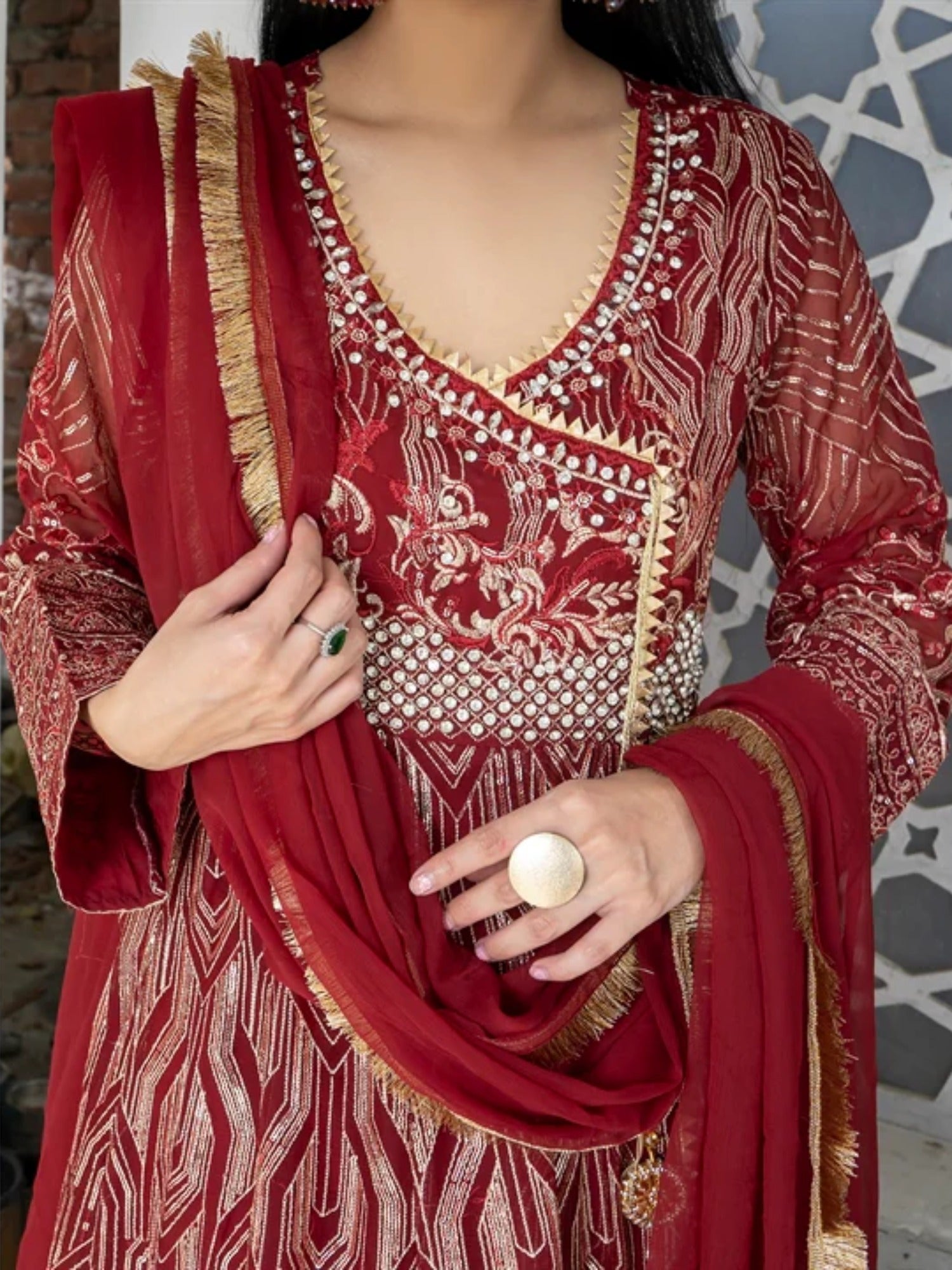 Maroon Manahil Arts Chiffon Embroidered Stitched 3-Piece Suit-Kurti 105-Maroon