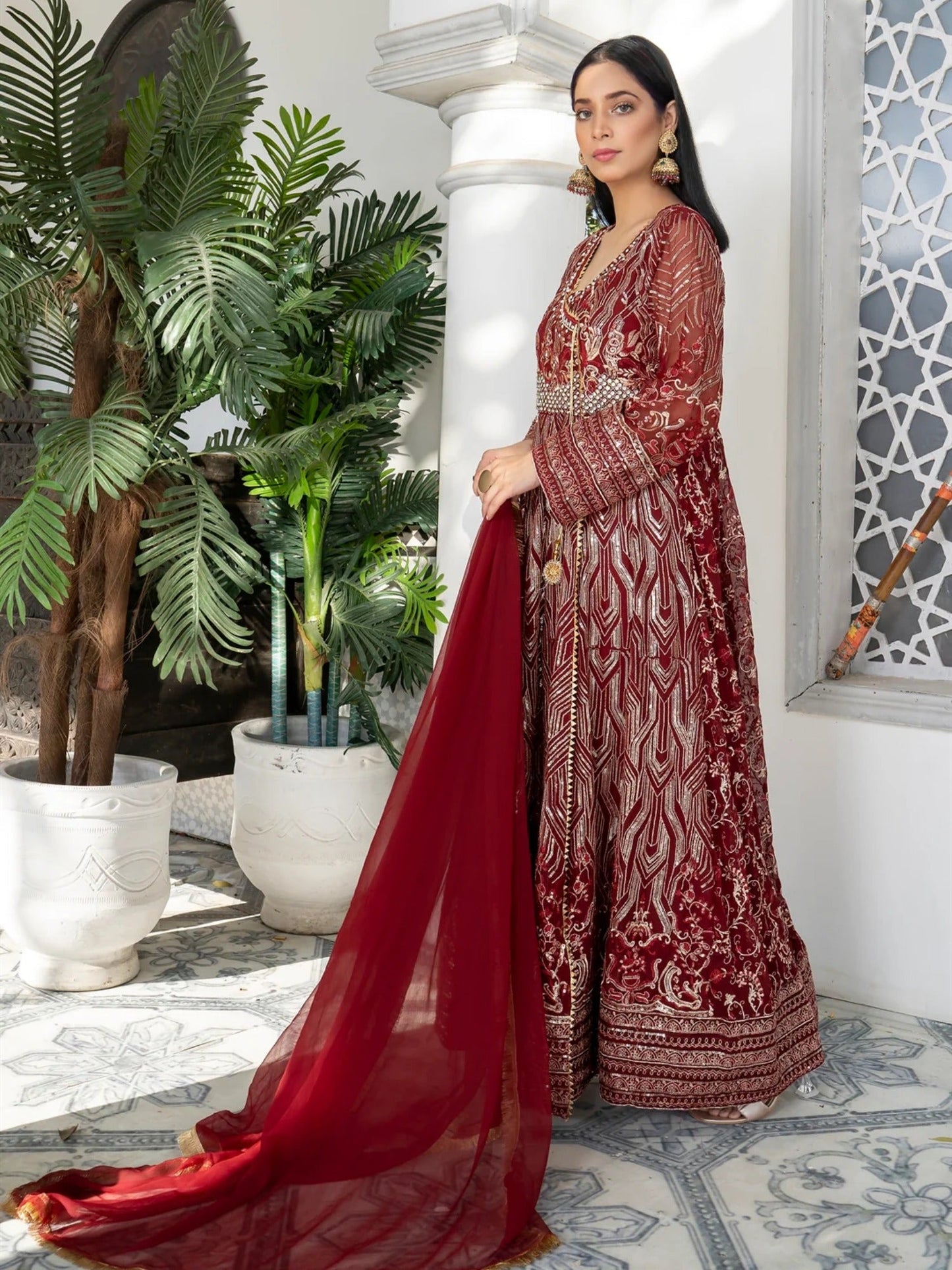 Maroon Manahil Arts Chiffon Embroidered Stitched 3-Piece Suit-Kurti 105-Maroon