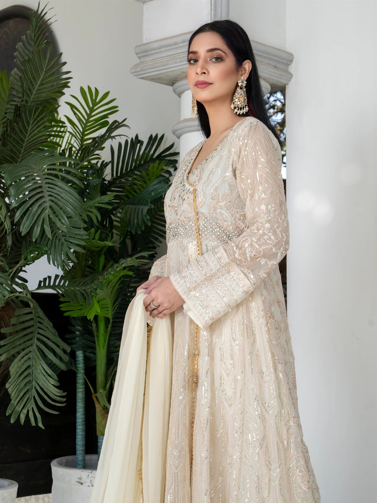 Manahil Arts Chiffon Embroidered Stitched 3-Piece Suit-Kurti 105-Off White