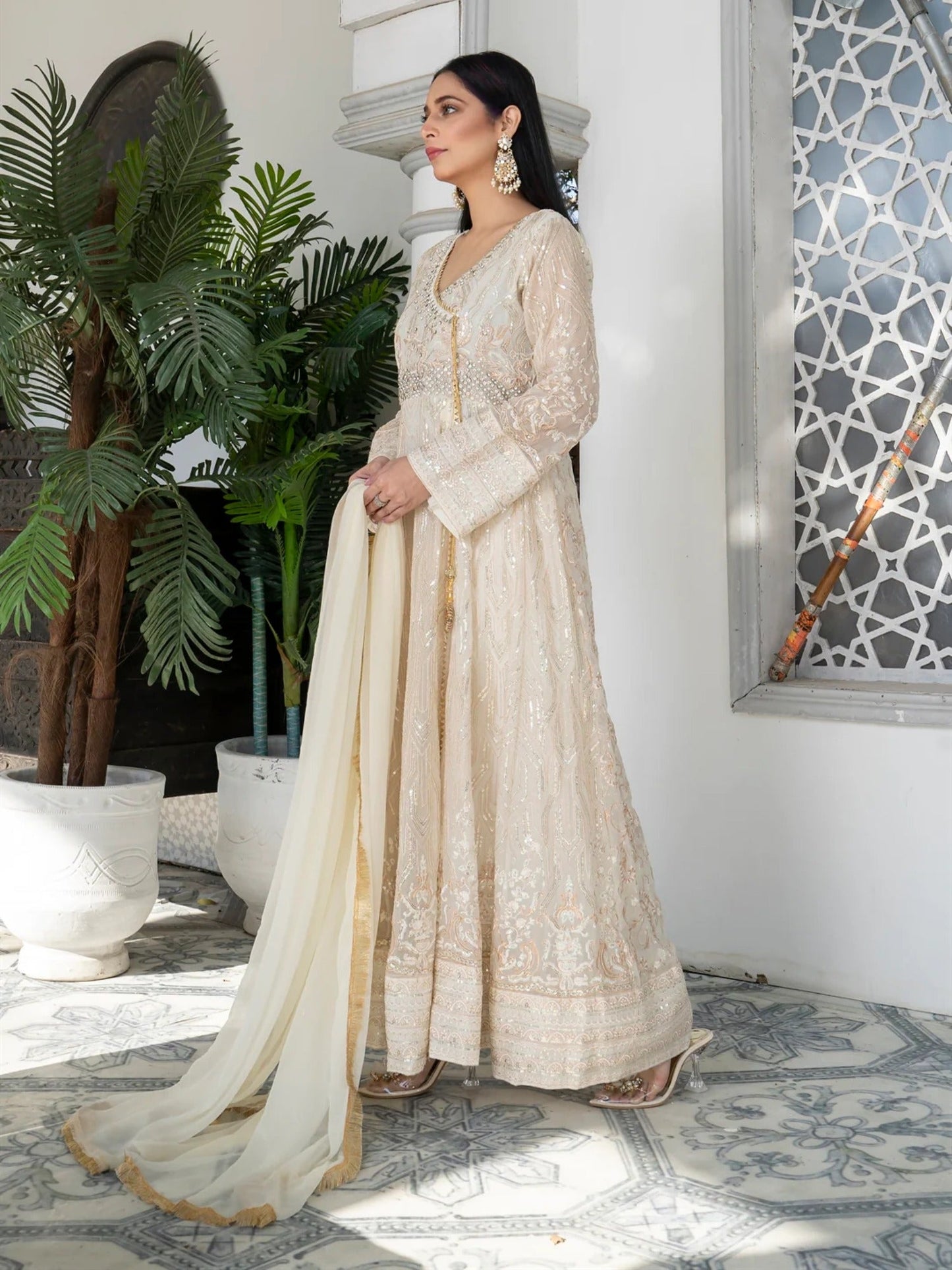 Manahil Arts Chiffon Embroidered Stitched 3-Piece Suit-Kurti 105-Off White