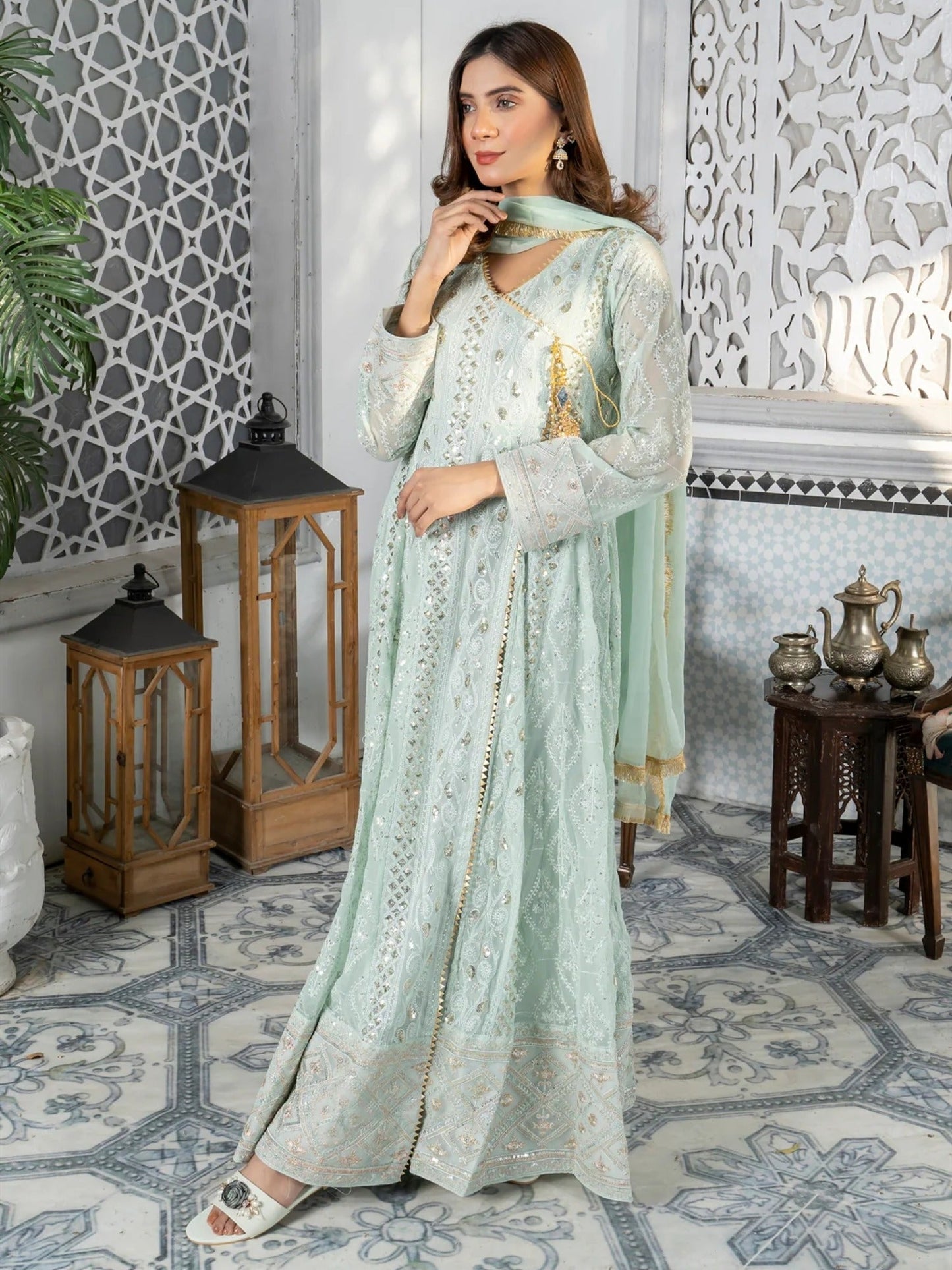 Manahil Arts Chiffon Embroidered Stitched 3-Piece Suit-Kurti 099-Aqua