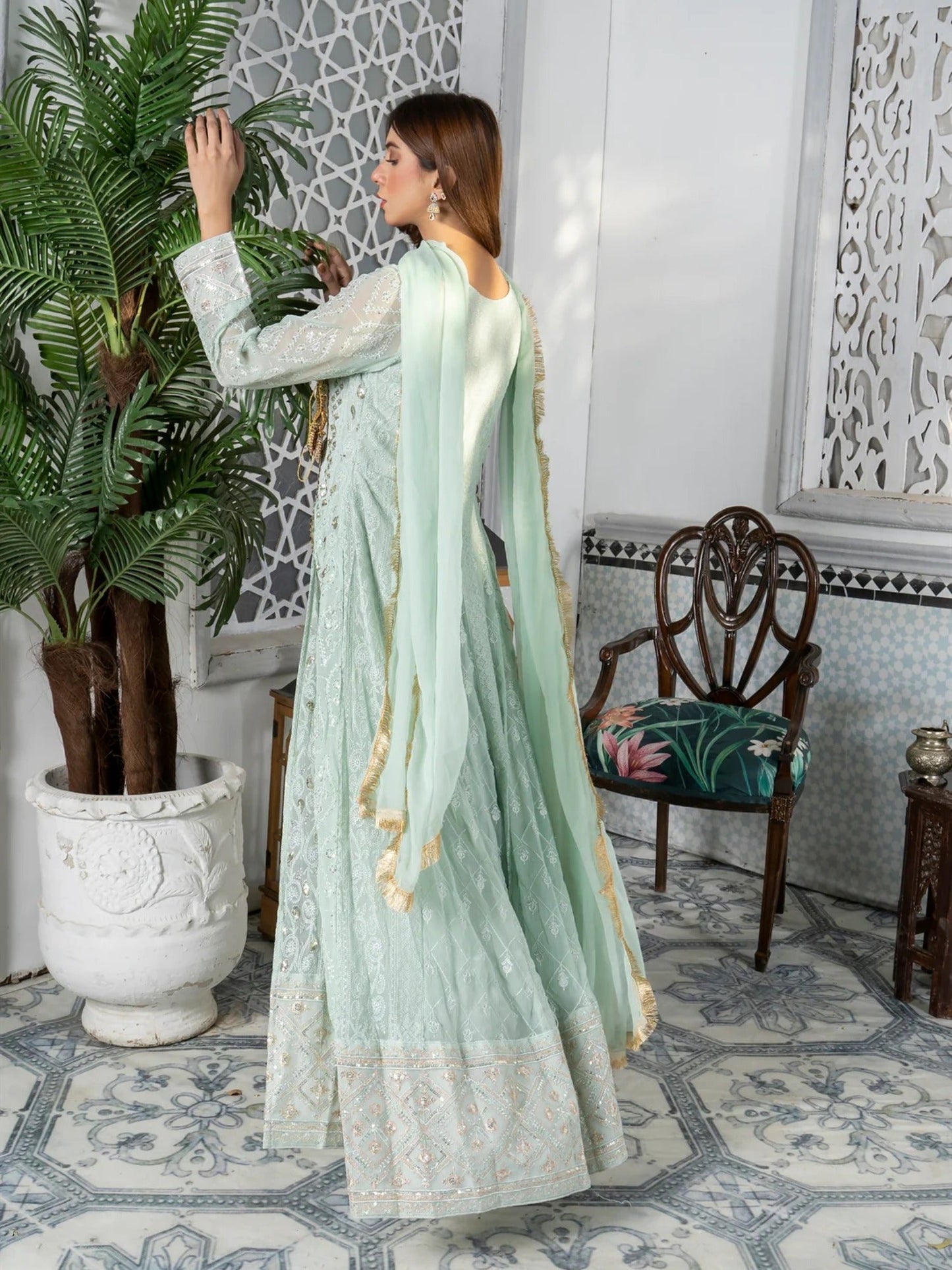 Manahil Arts Chiffon Embroidered Stitched 3-Piece Suit-Kurti 099-Aqua