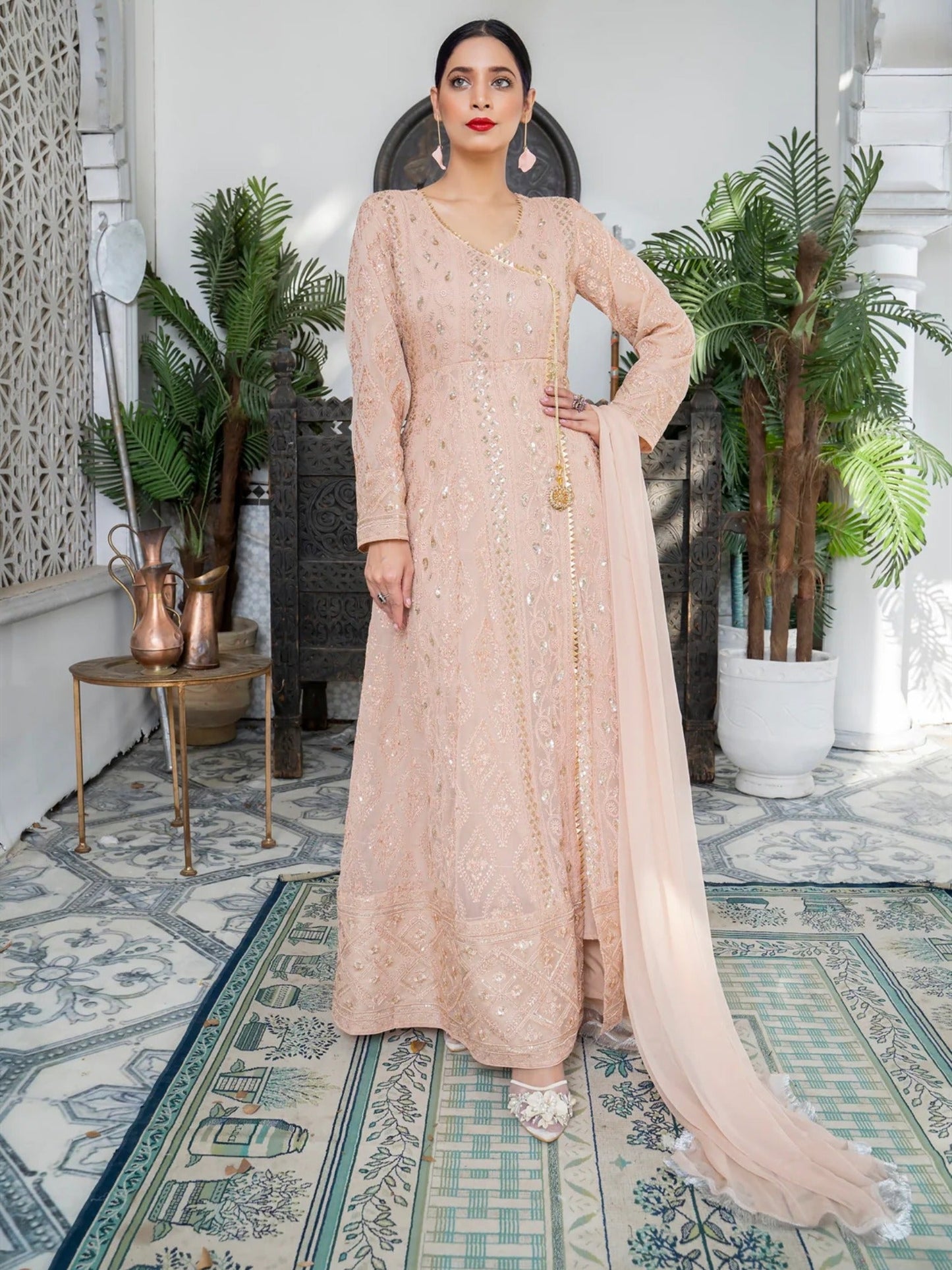 Peach Manahil Arts Chiffon Embroidered Stitched 3-Piece Suit-Kurti 099-Peach