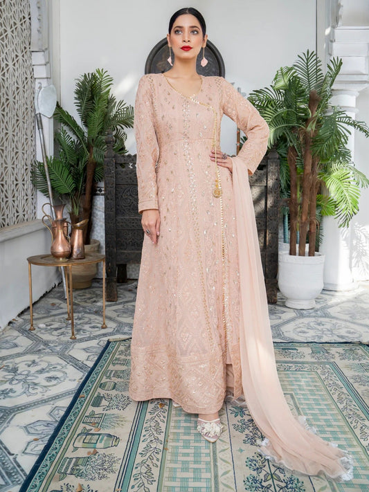 Peach Manahil Arts Chiffon Embroidered Stitched 3-Piece Suit-Kurti 099-Peach