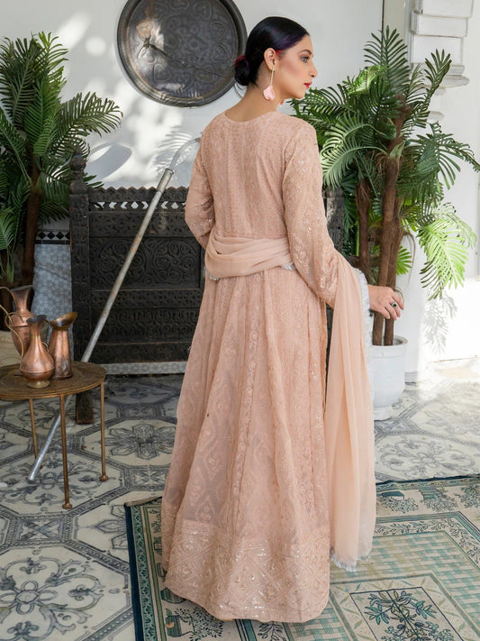 Peach Manahil Arts Chiffon Embroidered Stitched 3-Piece Suit-Kurti 099-Peach