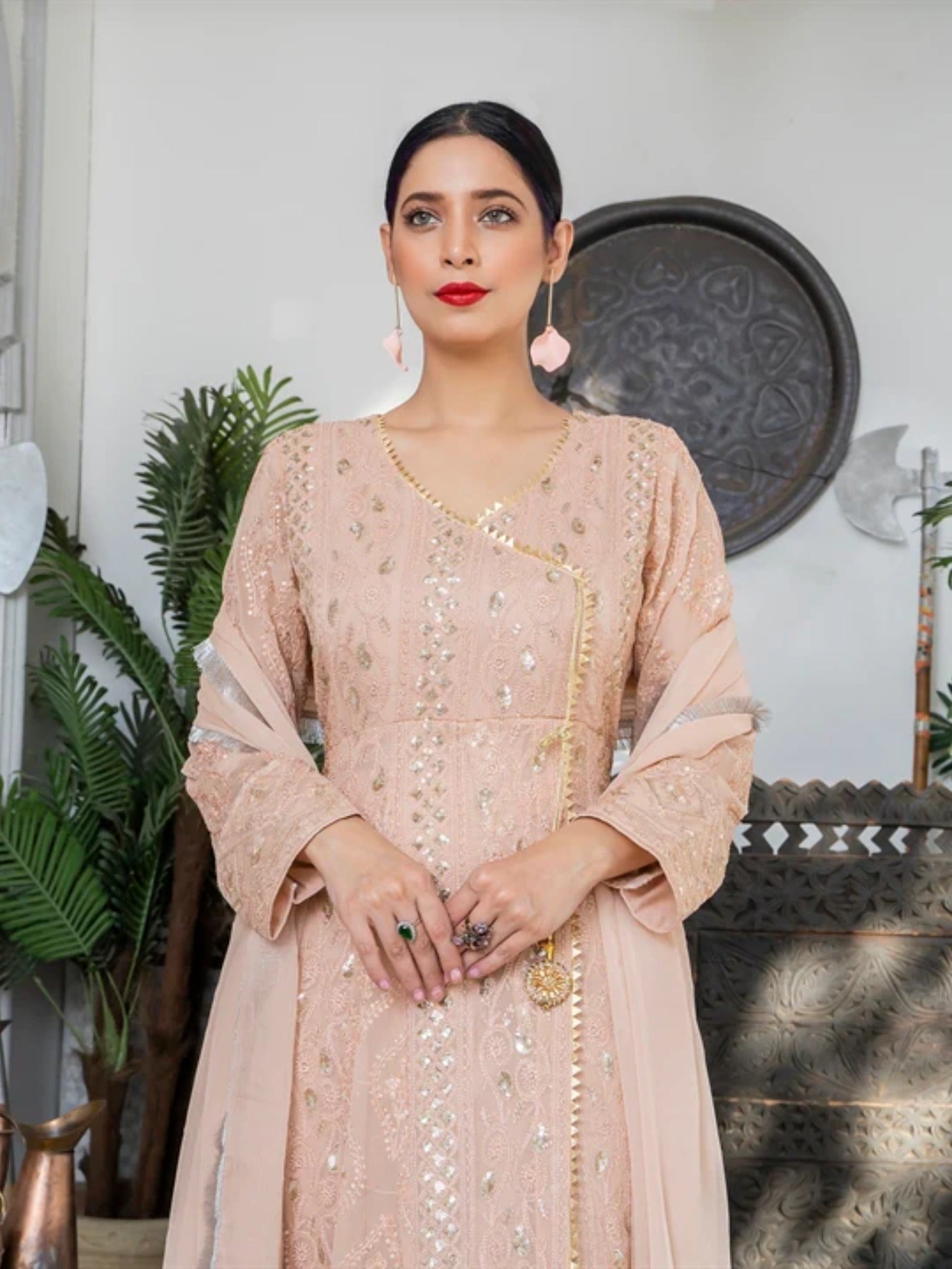 Peach Manahil Arts Chiffon Embroidered Stitched 3-Piece Suit-Kurti 099-Peach