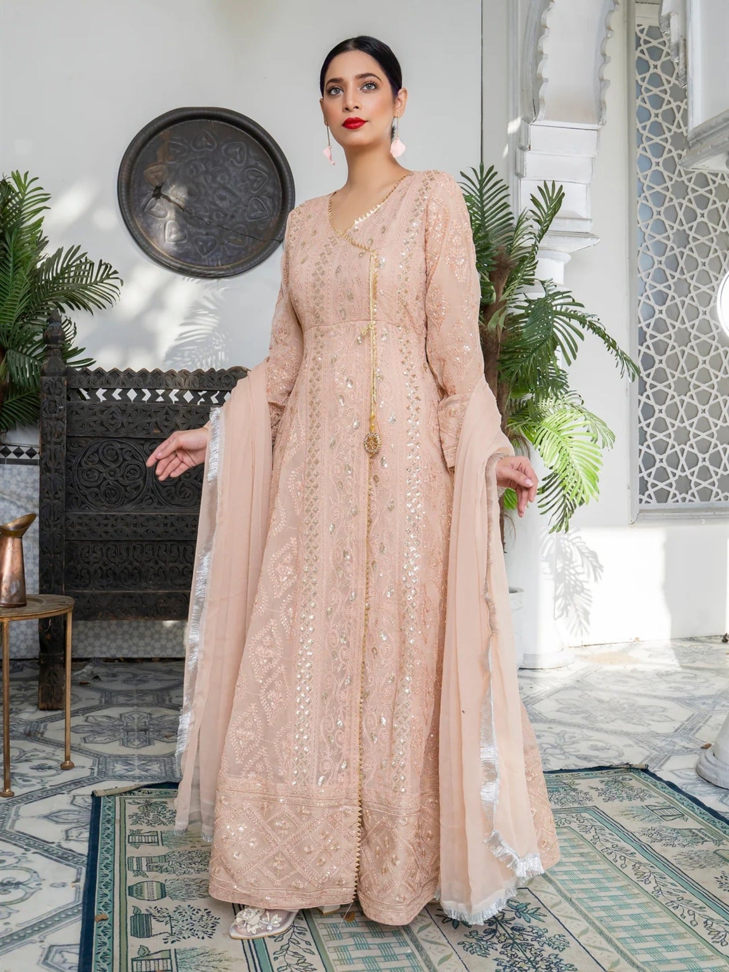 Peach Manahil Arts Chiffon Embroidered Stitched 3-Piece Suit-Kurti 099-Peach