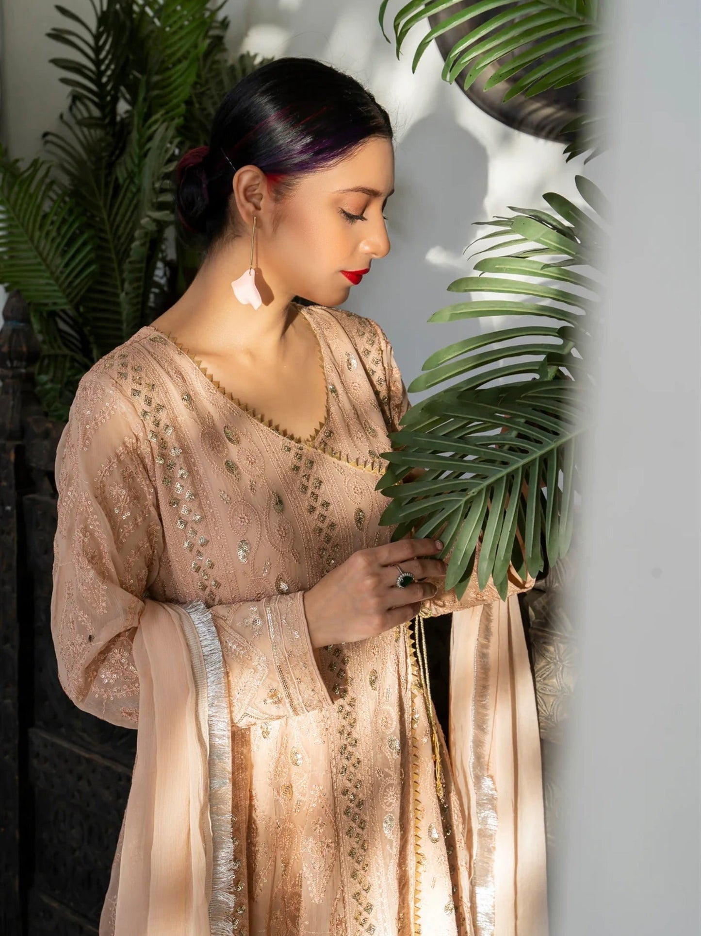 Peach Manahil Arts Chiffon Embroidered Stitched 3-Piece Suit-Kurti 099-Peach