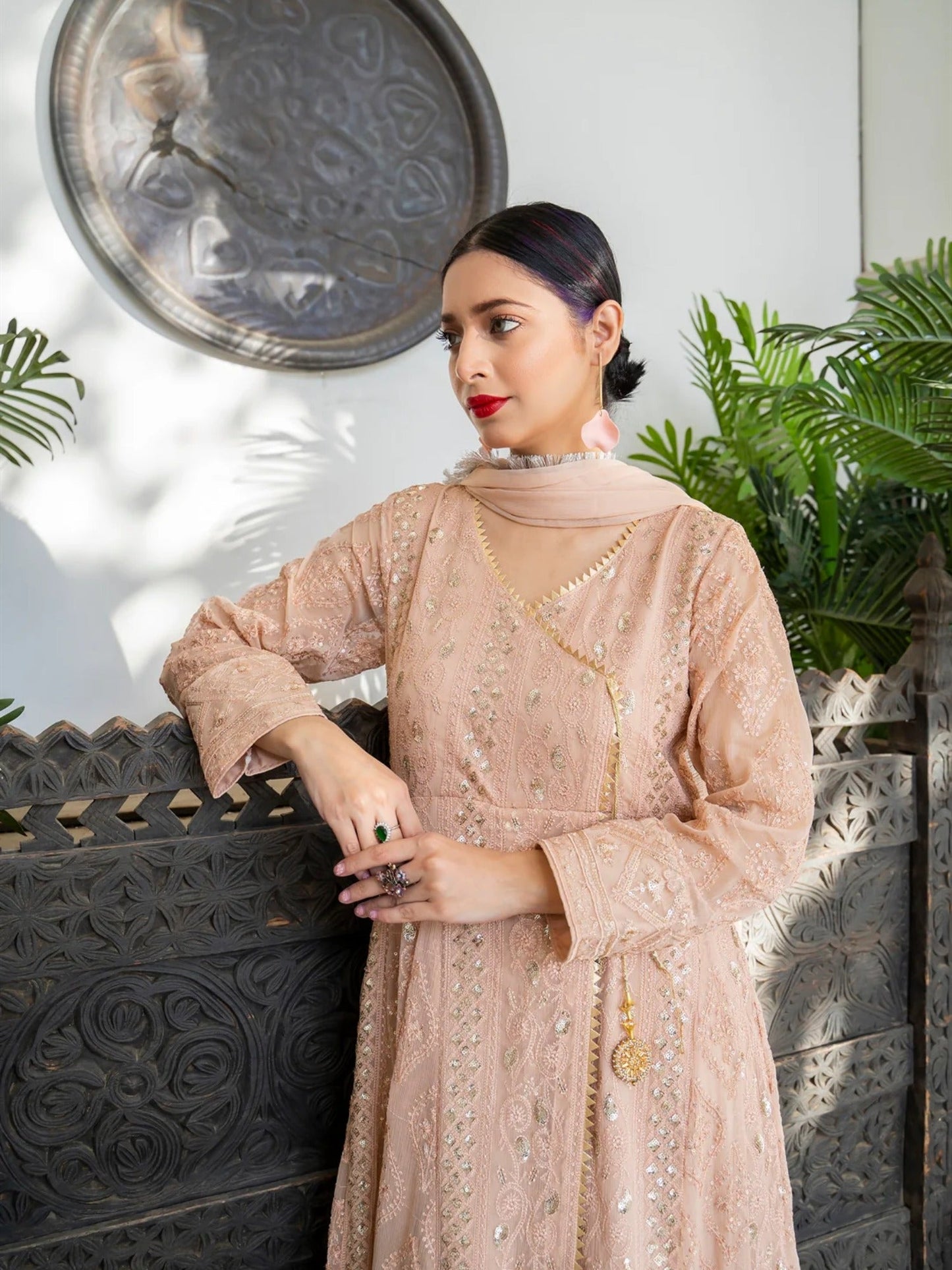 Peach Manahil Arts Chiffon Embroidered Stitched 3-Piece Suit-Kurti 099-Peach