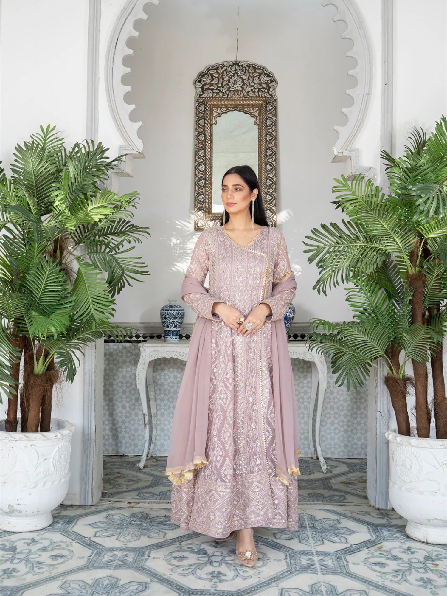 Lilac Manahil Arts Chiffon Embroidered Stitched 3-Piece Suit-Kurti 099-Lilac
