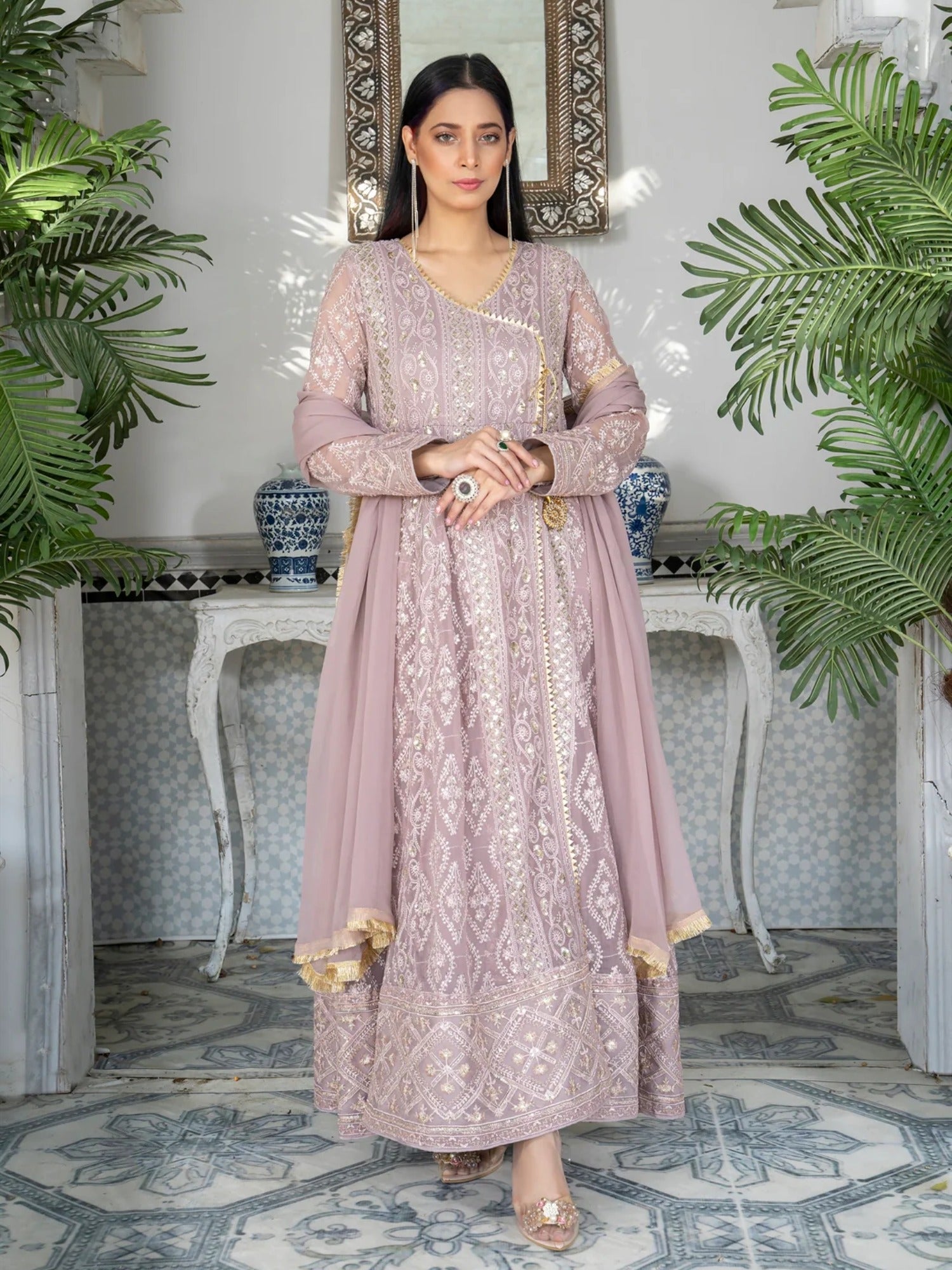 Lilac Manahil Arts Chiffon Embroidered Stitched 3-Piece Suit-Kurti 099-Lilac