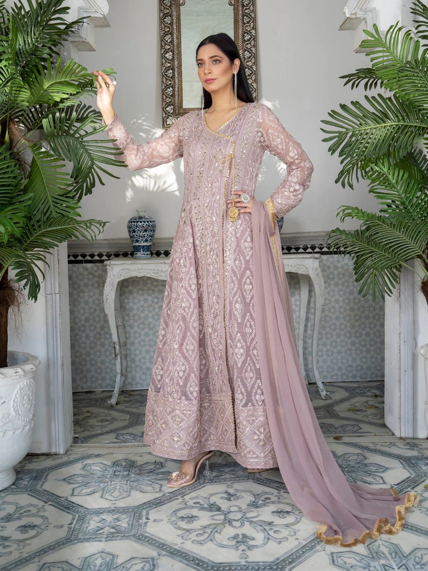 Lilac Manahil Arts Chiffon Embroidered Stitched 3-Piece Suit-Kurti 099-Lilac