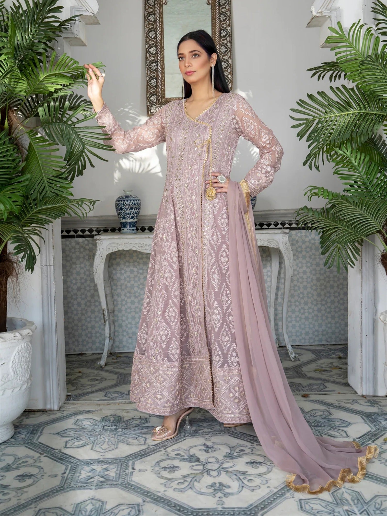 Lilac Manahil Arts Chiffon Embroidered Stitched 3-Piece Suit-Kurti 099-Lilac