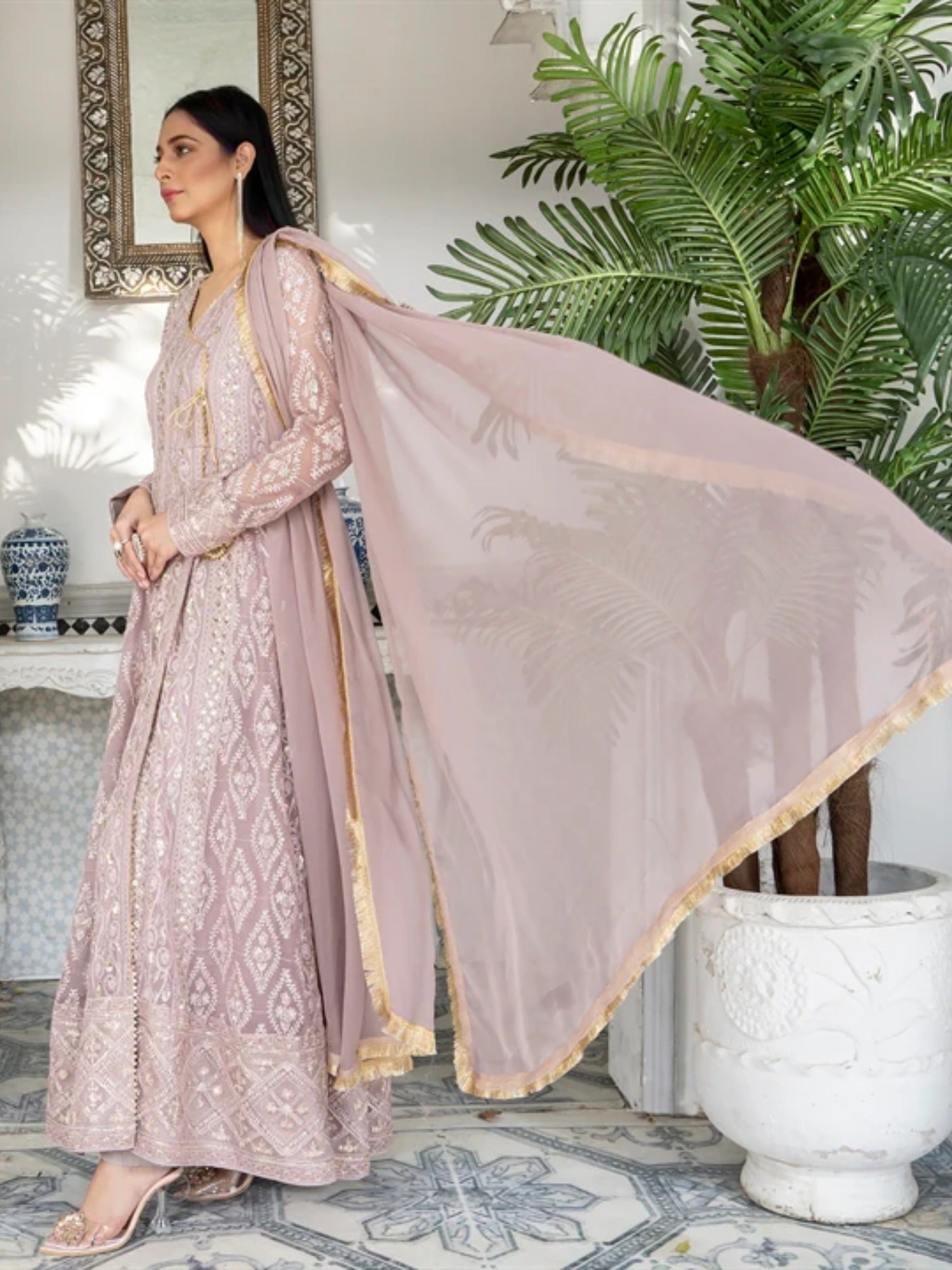 Lilac Manahil Arts Chiffon Embroidered Stitched 3-Piece Suit-Kurti 099-Lilac