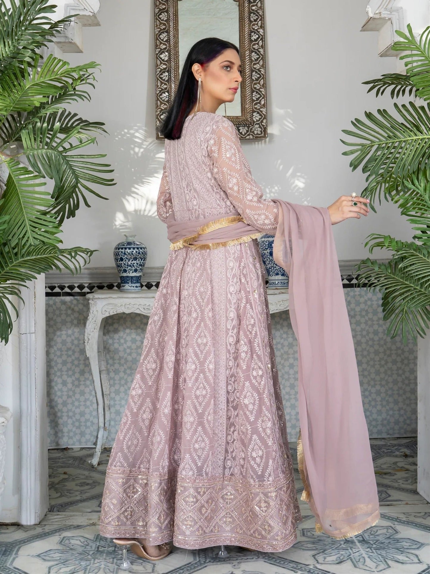 Lilac Manahil Arts Chiffon Embroidered Stitched 3-Piece Suit-Kurti 099-Lilac