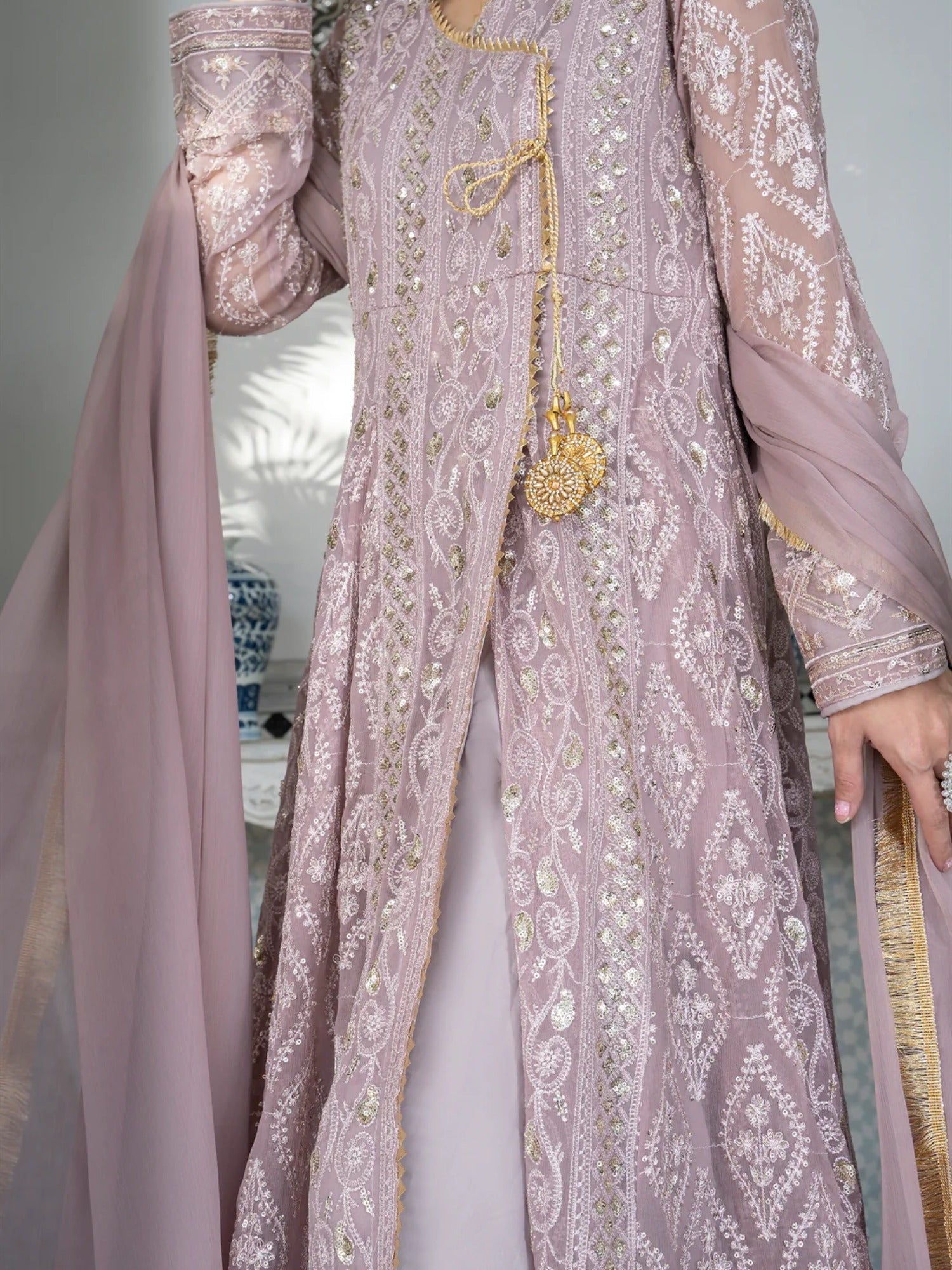 Lilac Manahil Arts Chiffon Embroidered Stitched 3-Piece Suit-Kurti 099-Lilac
