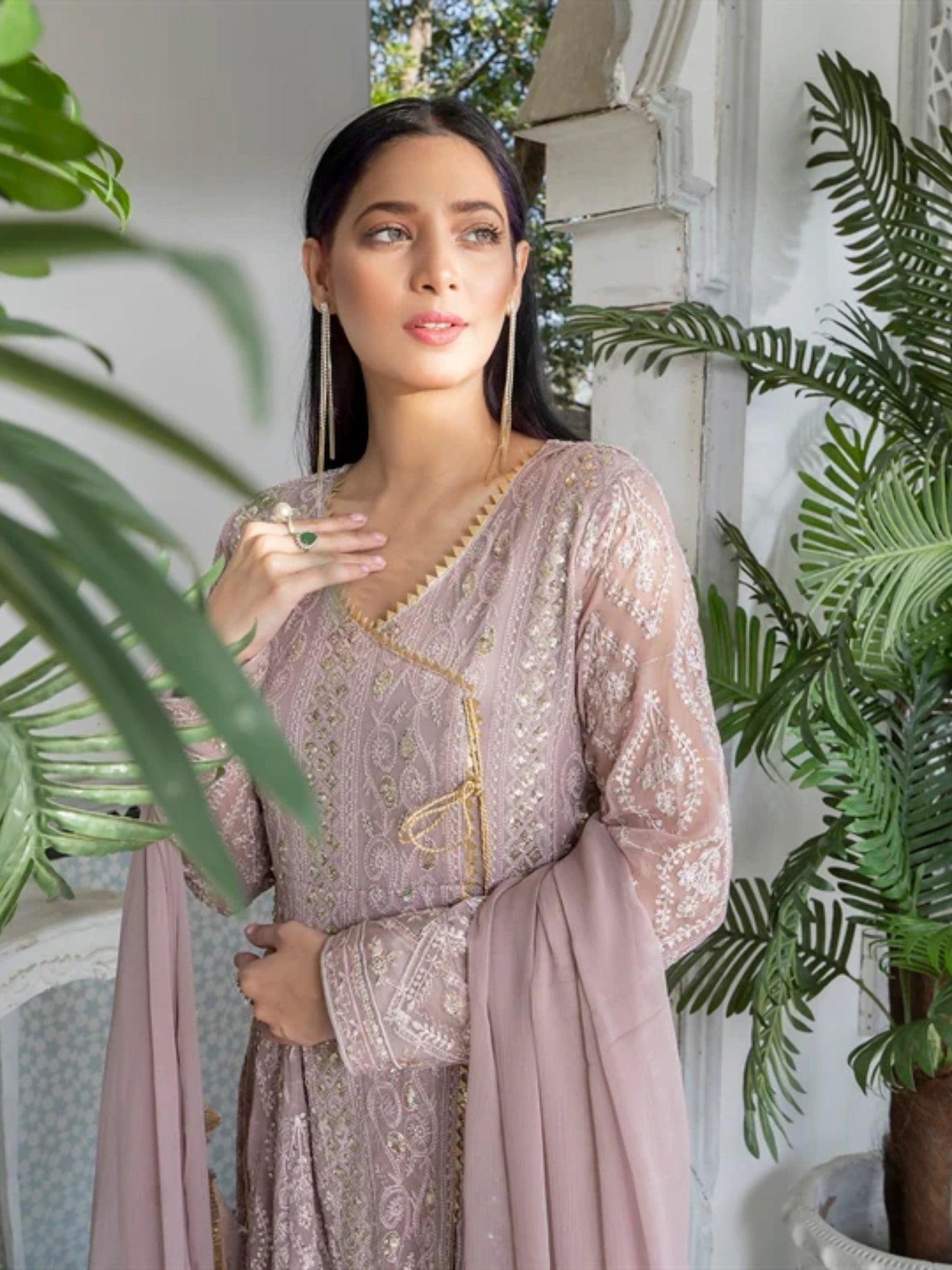 Lilac Manahil Arts Chiffon Embroidered Stitched 3-Piece Suit-Kurti 099-Lilac