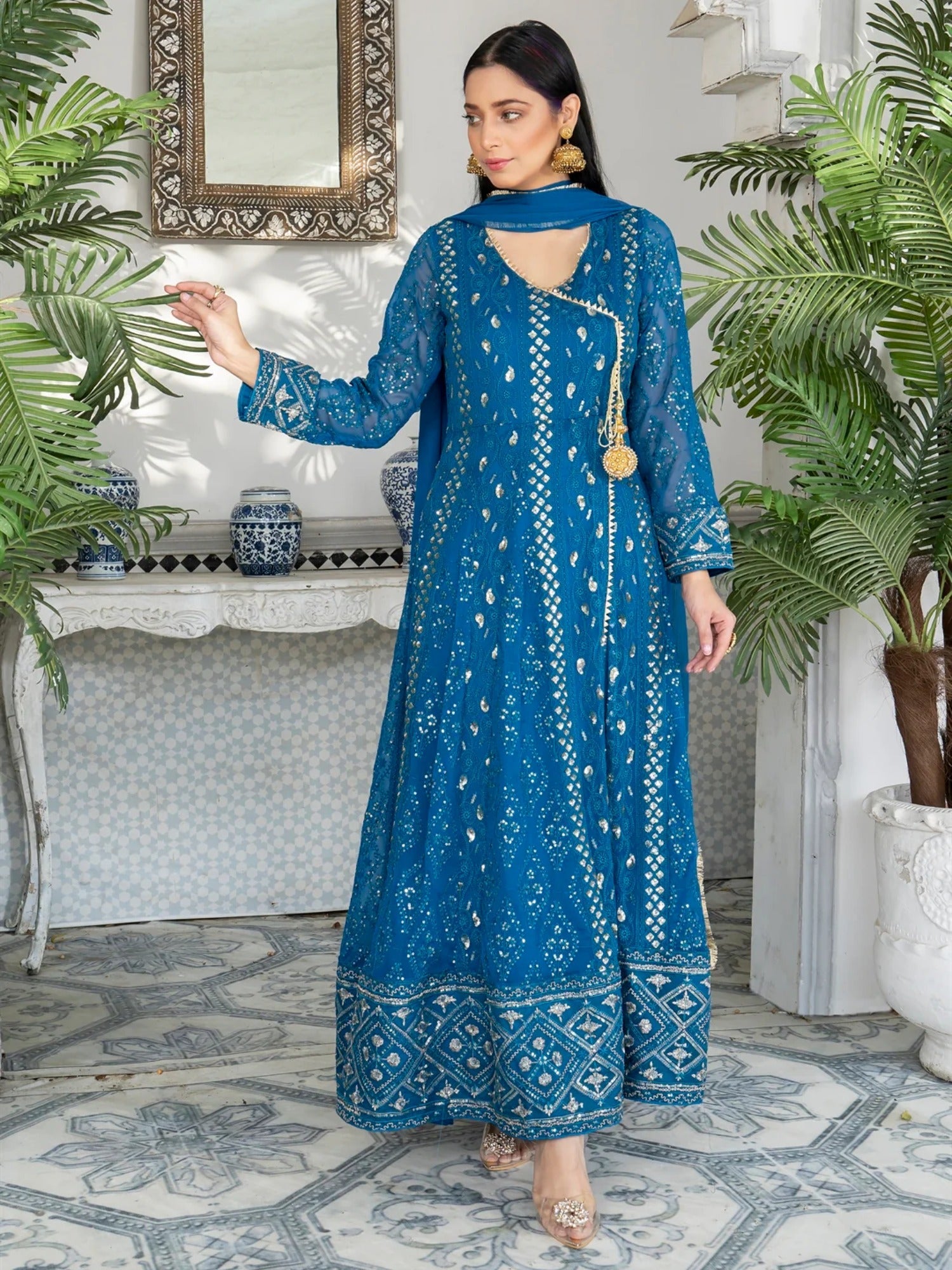 Manahil Arts Chiffon Embroidered Stitched 3-Piece Suit-Kurti 099-Zinc