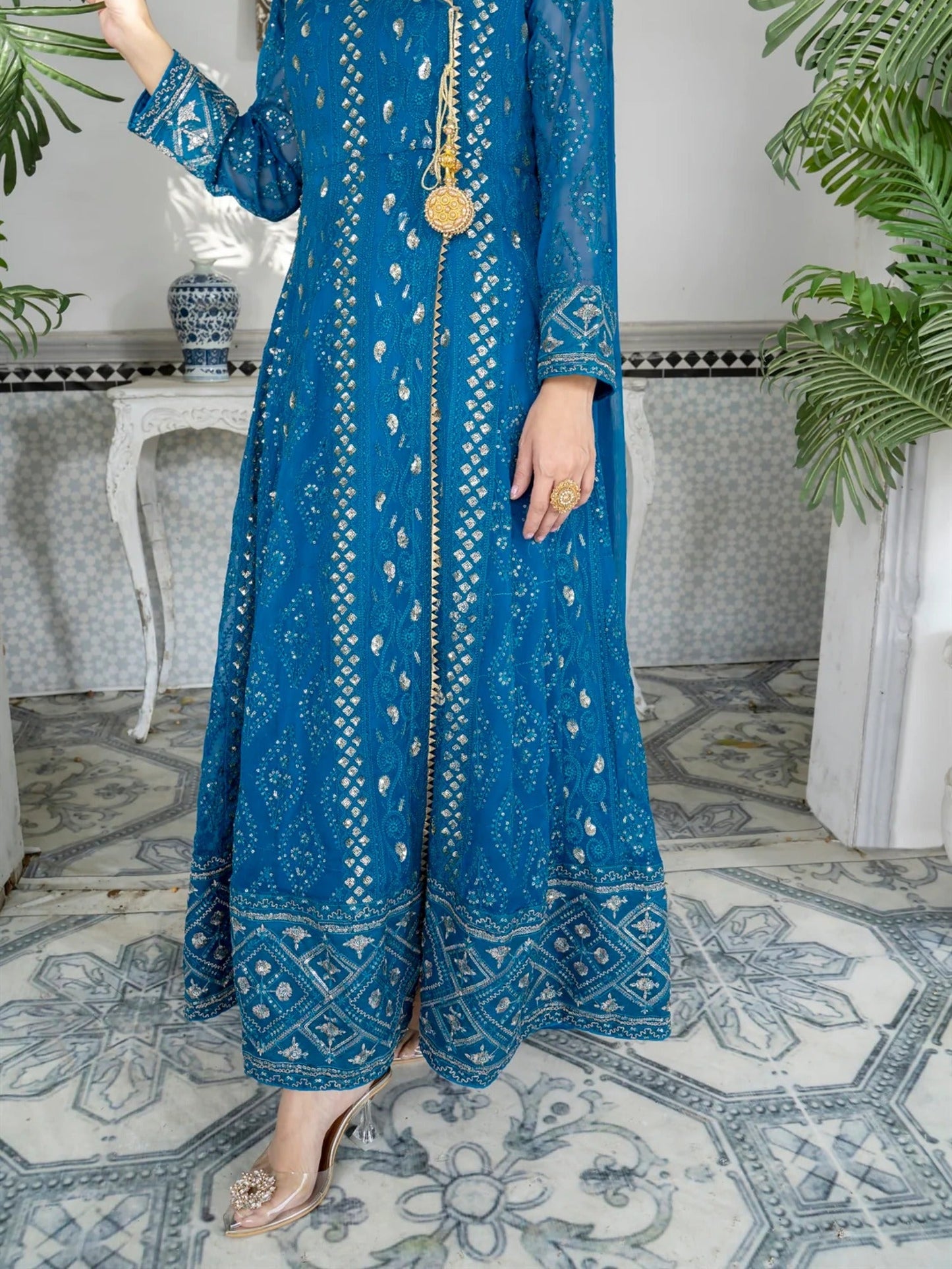 Manahil Arts Chiffon Embroidered Stitched 3-Piece Suit-Kurti 099-Zinc