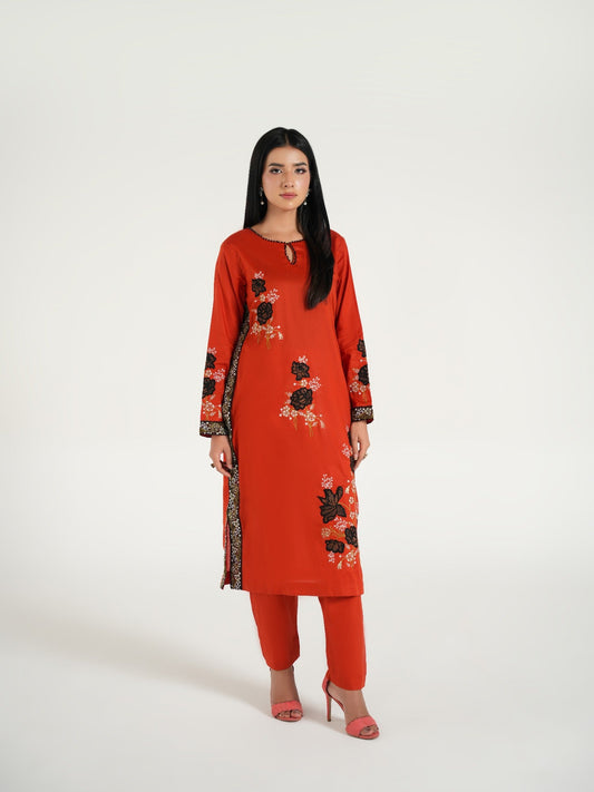 Red-Arshman's Lawn Embellished Stitched 2-Piece Suit-ARS-040 Orange Bloom