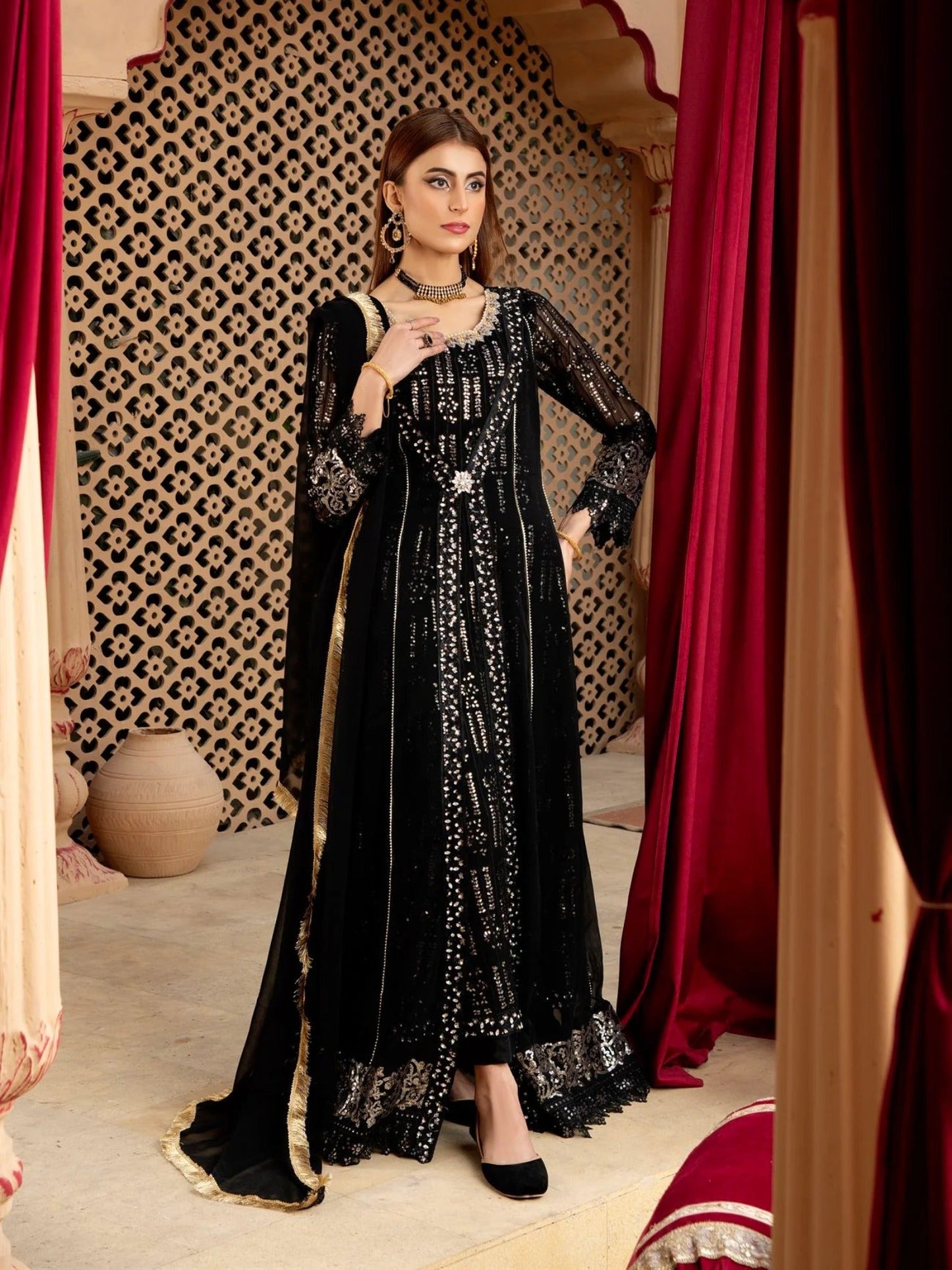 Black Manahil Arts Chiffon Embroidered Stitched 3-Piece Suit-Kurti-B-005-Black