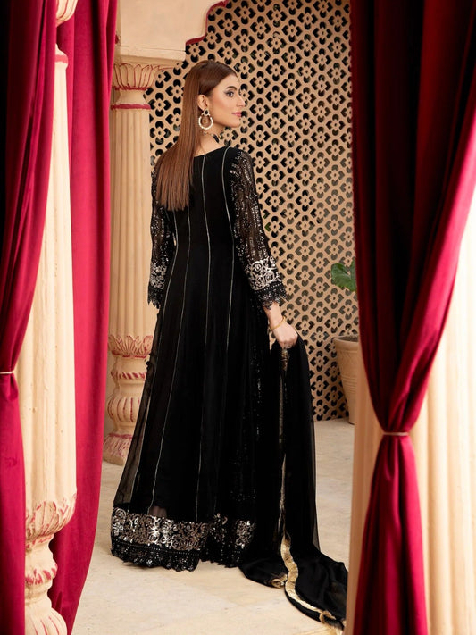 Black Manahil Arts Chiffon Embroidered Stitched 3-Piece Suit-Kurti-B-005-Black