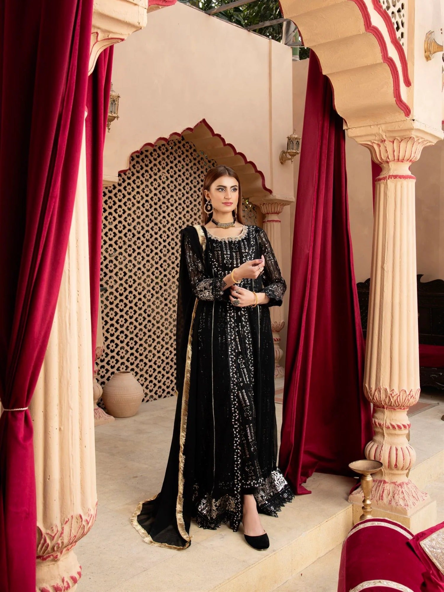 Black Manahil Arts Chiffon Embroidered Stitched 3-Piece Suit-Kurti-B-005-Black