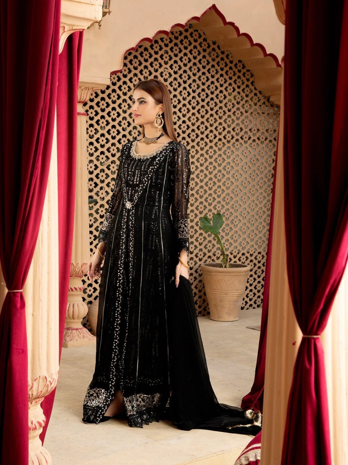 Black Manahil Arts Chiffon Embroidered Stitched 3-Piece Suit-Kurti-B-005-Black