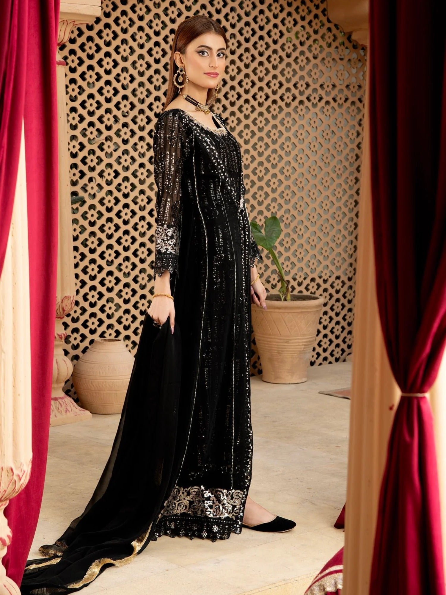 Black Manahil Arts Chiffon Embroidered Stitched 3-Piece Suit-Kurti-B-005-Black