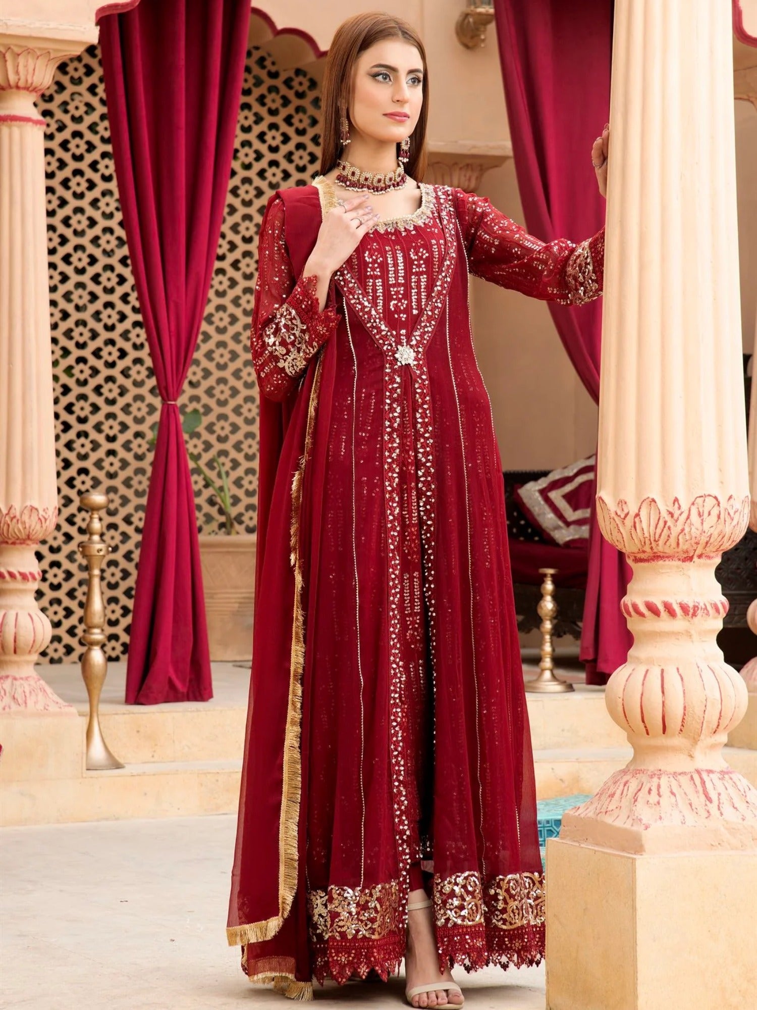 Maroon Manahil Arts Chiffon Embroidered Stitched 3-Piece Suit-Kurti-B-005-Maroon