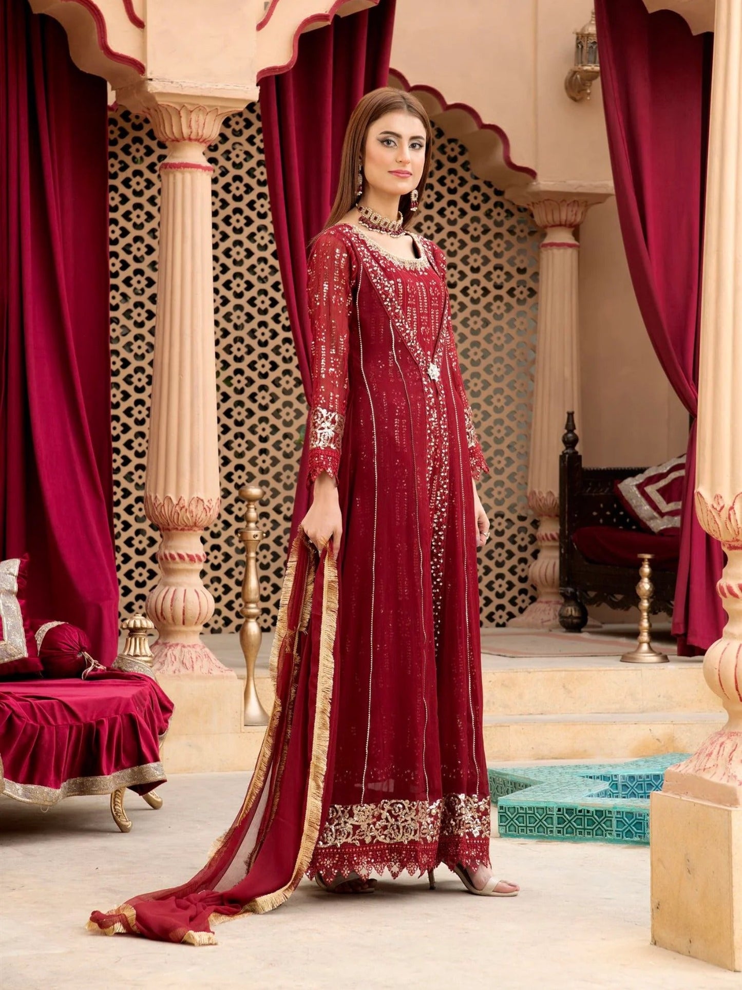 Maroon Manahil Arts Chiffon Embroidered Stitched 3-Piece Suit-Kurti-B-005-Maroon