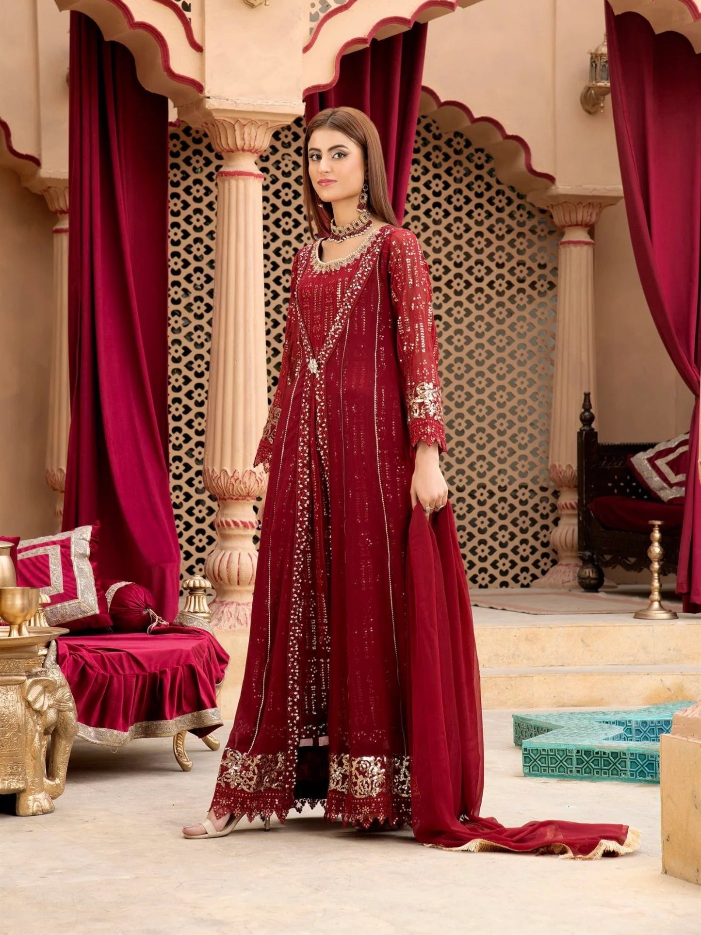 Maroon Manahil Arts Chiffon Embroidered Stitched 3-Piece Suit-Kurti-B-005-Maroon