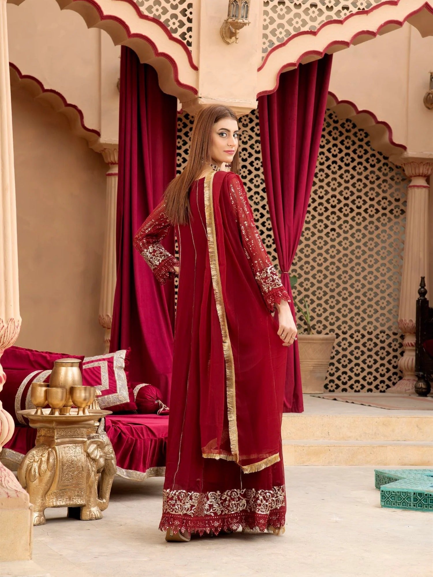 Maroon Manahil Arts Chiffon Embroidered Stitched 3-Piece Suit-Kurti-B-005-Maroon