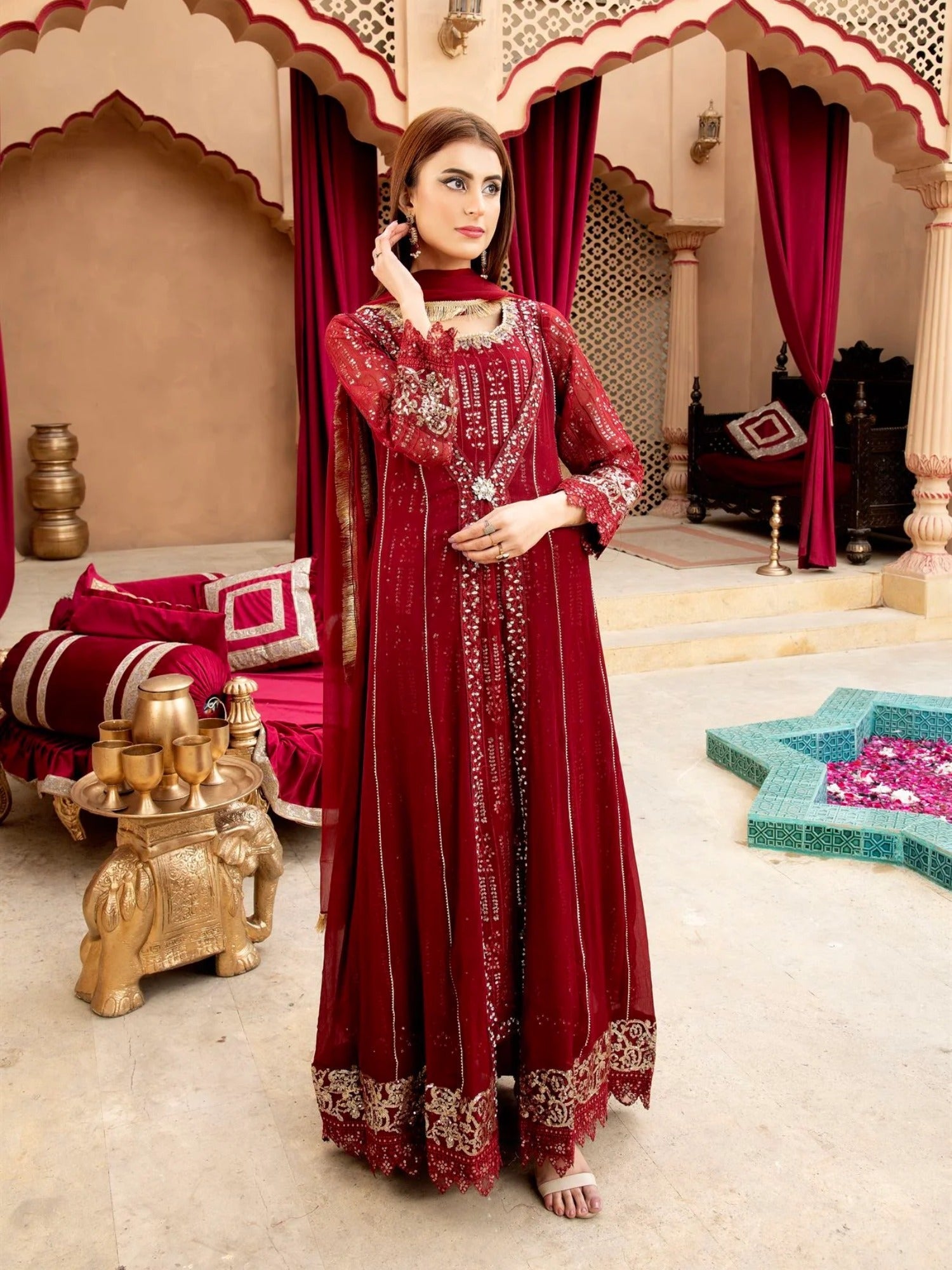 Maroon Manahil Arts Chiffon Embroidered Stitched 3-Piece Suit-Kurti-B-005-Maroon
