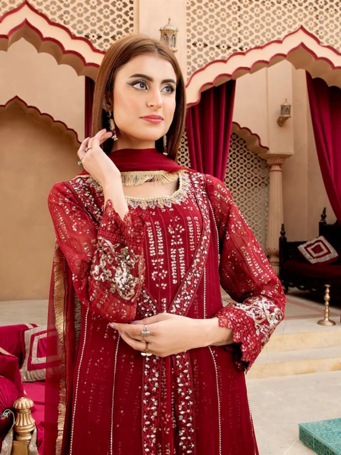 Maroon Manahil Arts Chiffon Embroidered Stitched 3-Piece Suit-Kurti-B-005-Maroon