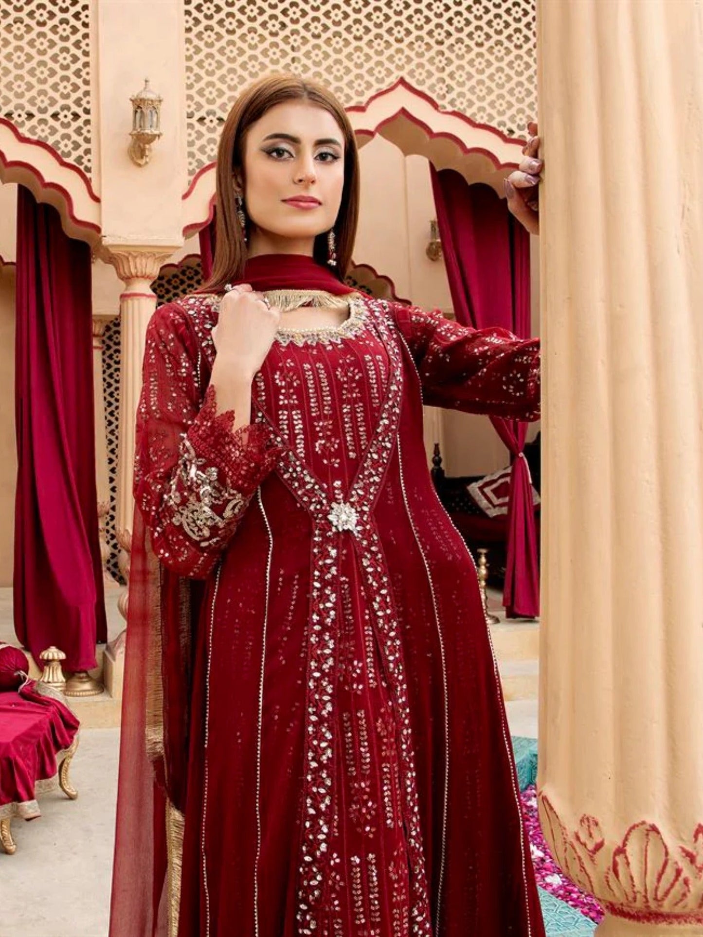 Maroon Manahil Arts Chiffon Embroidered Stitched 3-Piece Suit-Kurti-B-005-Maroon
