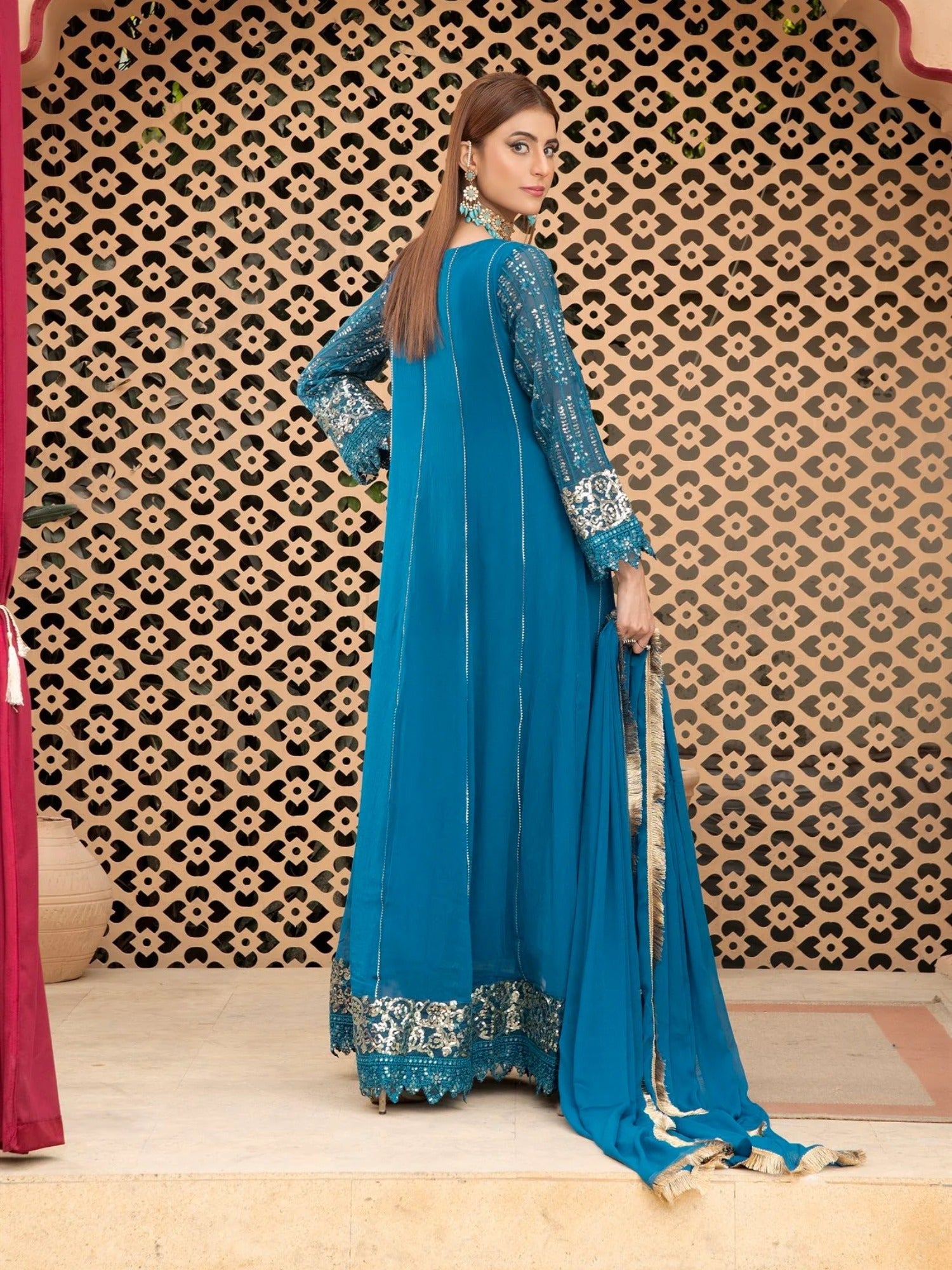 Manahil Arts Chiffon Embroidered Stitched 3-Piece Suit-Kurti-B-005-Zinc