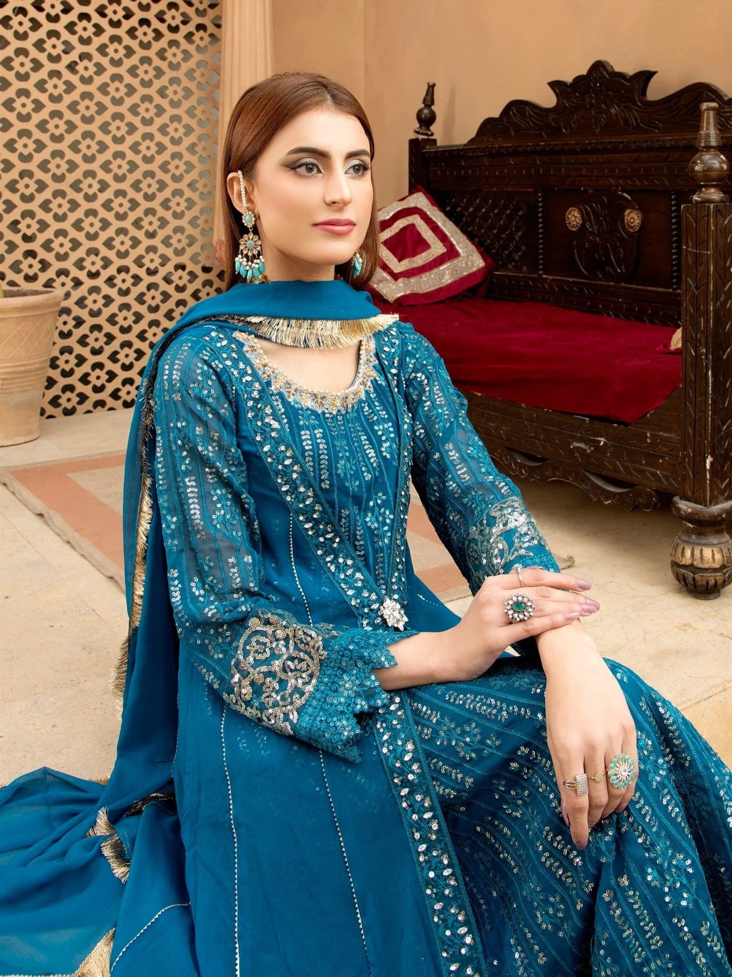 Manahil Arts Chiffon Embroidered Stitched 3-Piece Suit-Kurti-B-005-Zinc