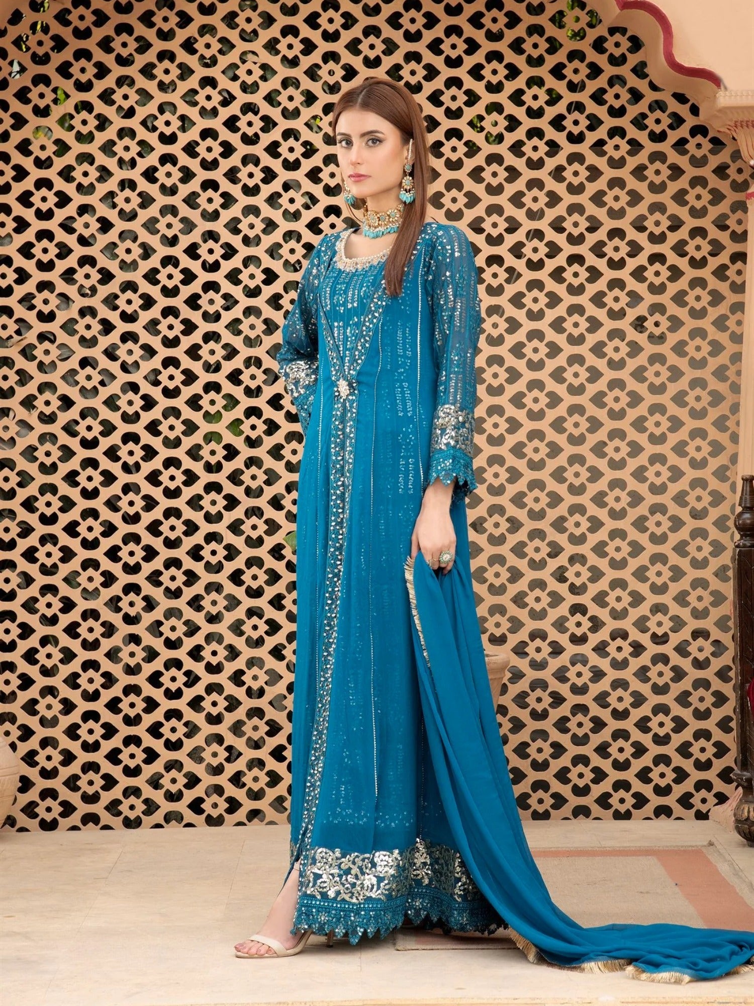 Manahil Arts Chiffon Embroidered Stitched 3-Piece Suit-Kurti-B-005-Zinc