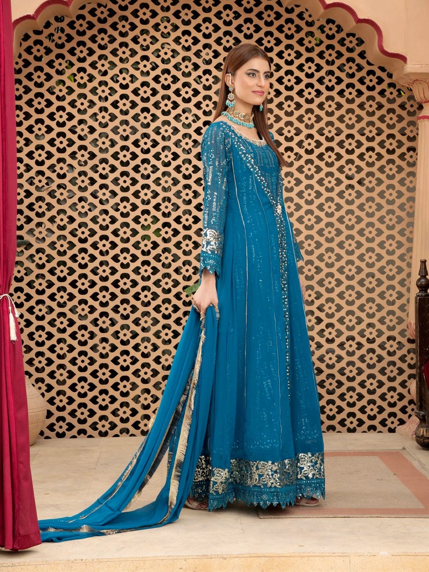 Manahil Arts Chiffon Embroidered Stitched 3-Piece Suit-Kurti-B-005-Zinc