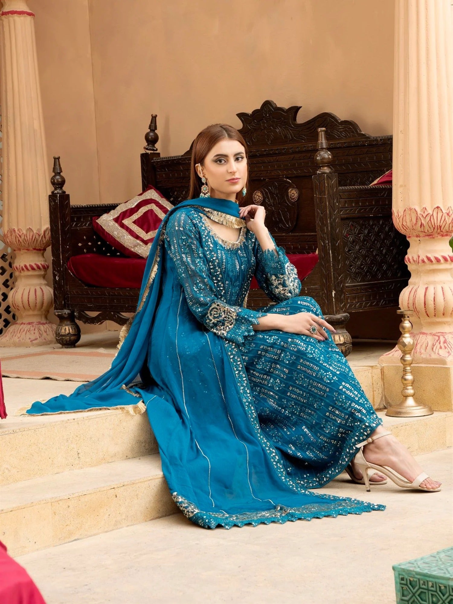 Manahil Arts Chiffon Embroidered Stitched 3-Piece Suit-Kurti-B-005-Zinc
