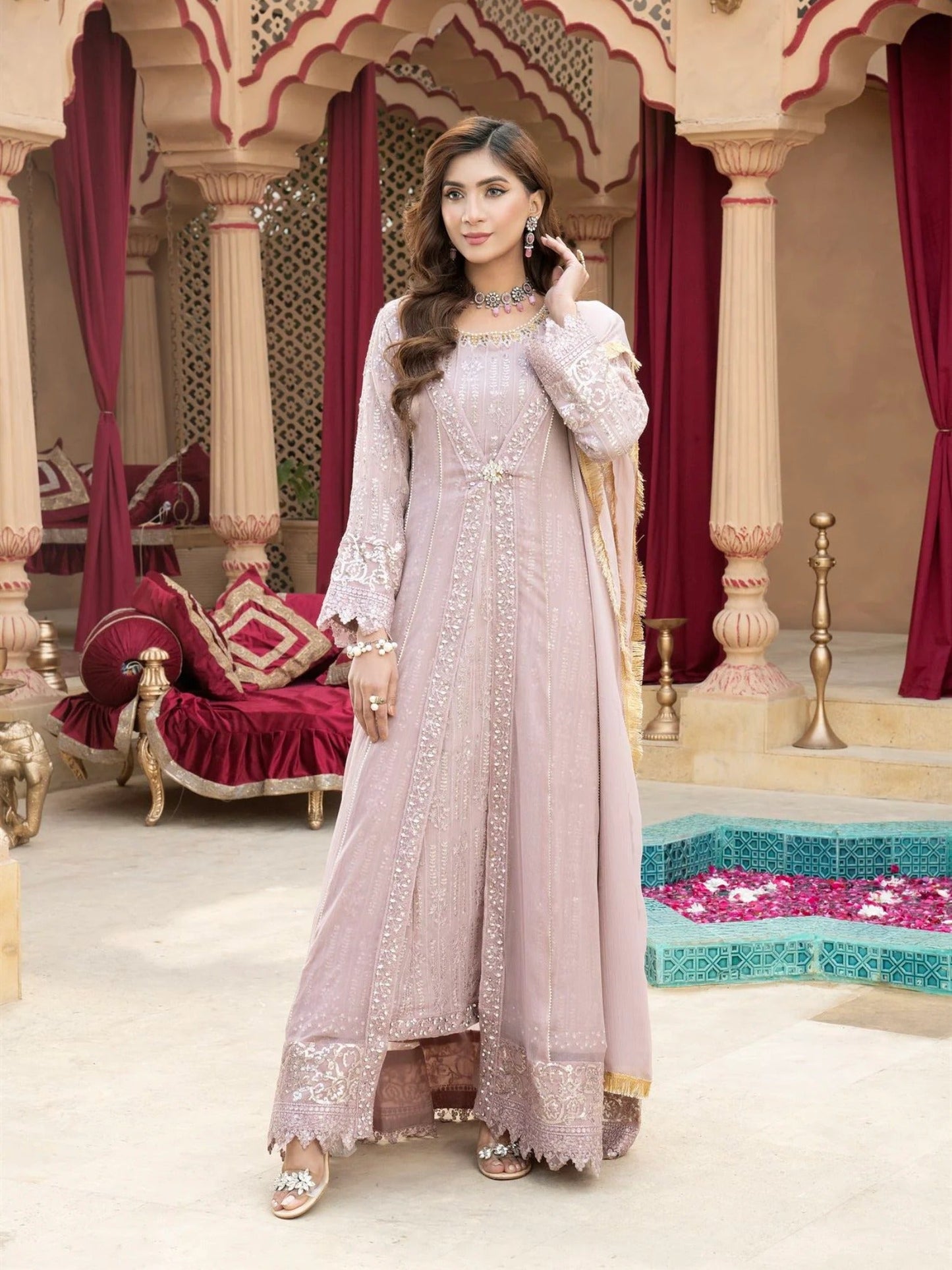 Lilac Manahil Arts Chiffon Embroidered Stitched 3-Piece Suit-Kurti-B-005-Lilac