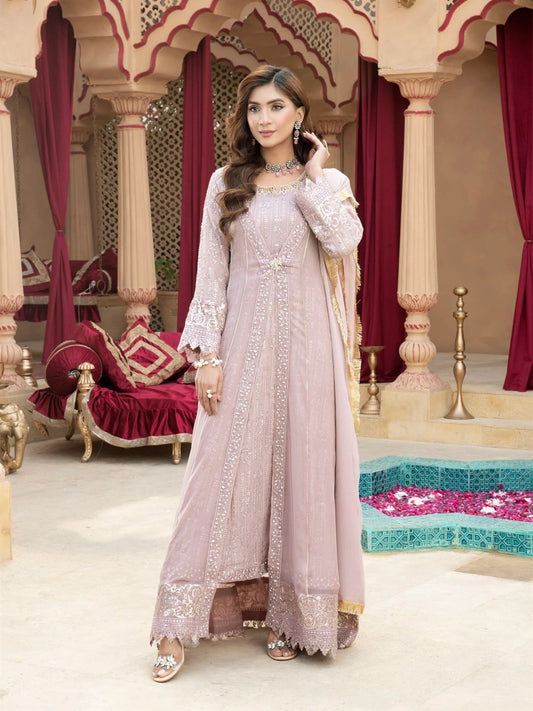 Lilac Manahil Arts Chiffon Embroidered Stitched 3-Piece Suit-Kurti-B-005-Lilac
