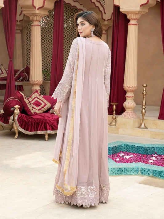 Lilac Manahil Arts Chiffon Embroidered Stitched 3-Piece Suit-Kurti-B-005-Lilac