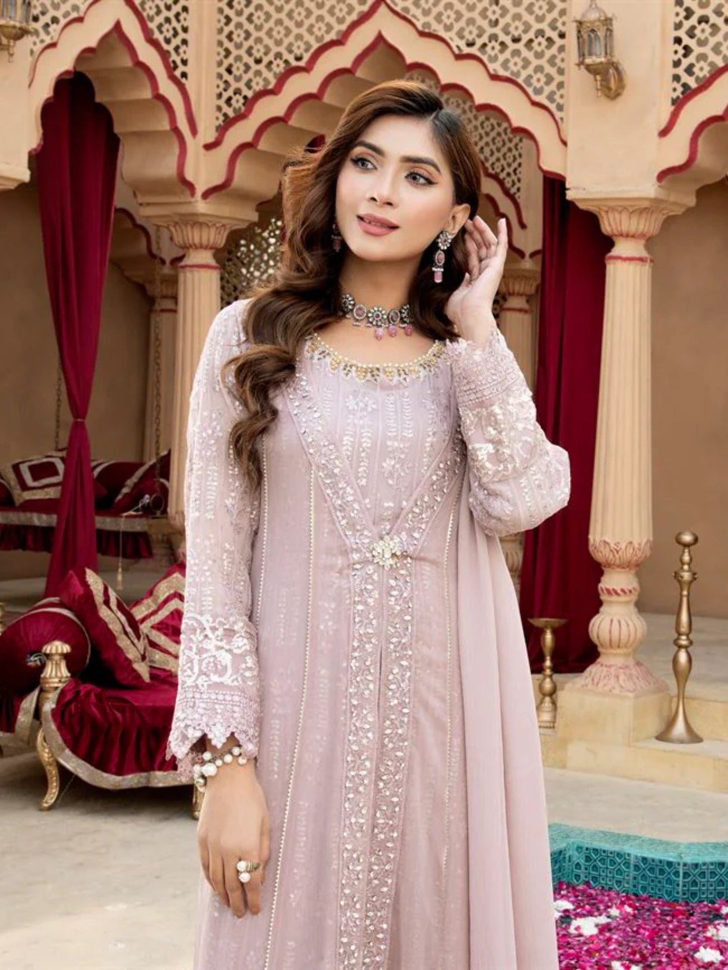 Lilac Manahil Arts Chiffon Embroidered Stitched 3-Piece Suit-Kurti-B-005-Lilac
