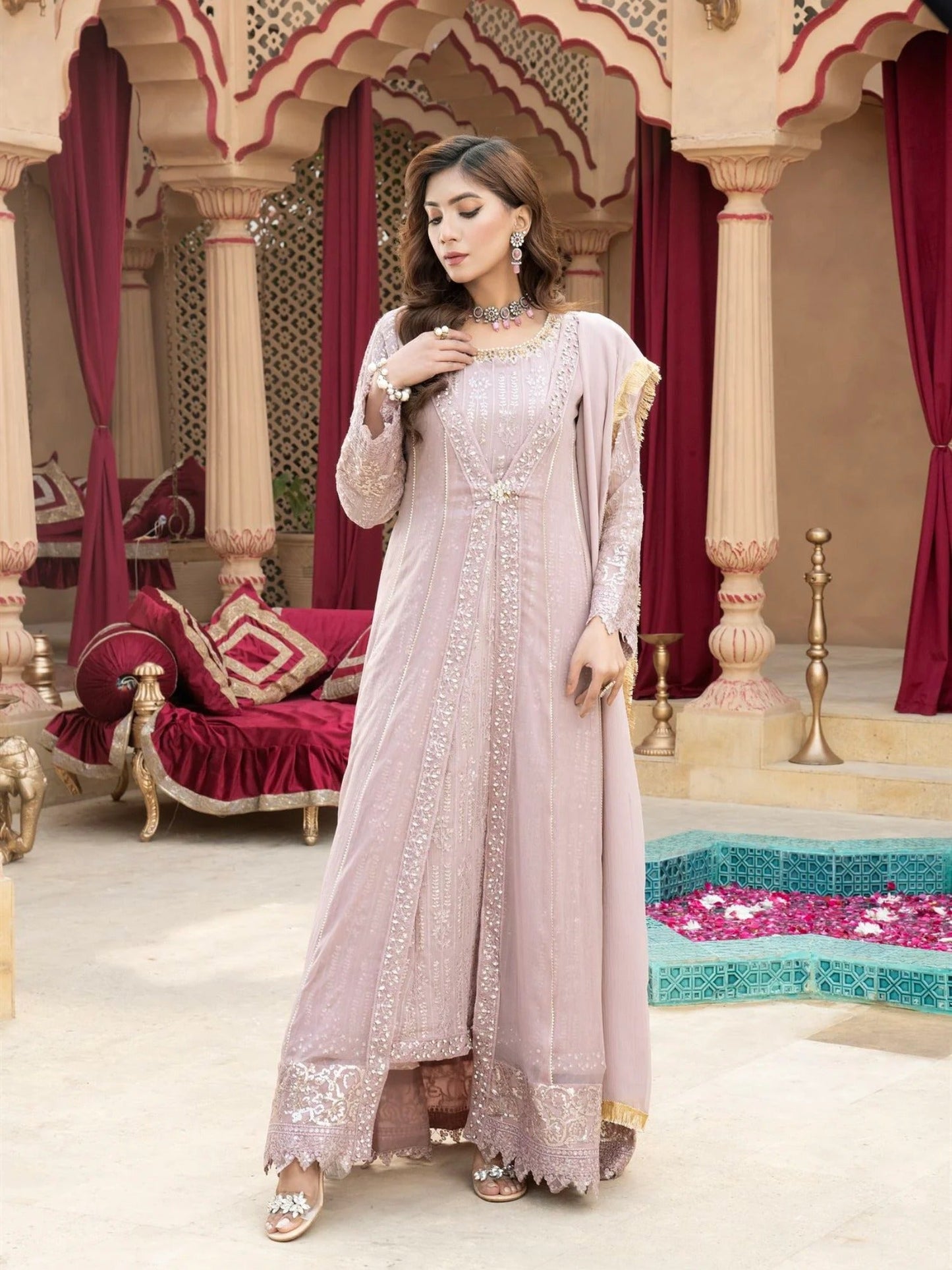 Lilac Manahil Arts Chiffon Embroidered Stitched 3-Piece Suit-Kurti-B-005-Lilac