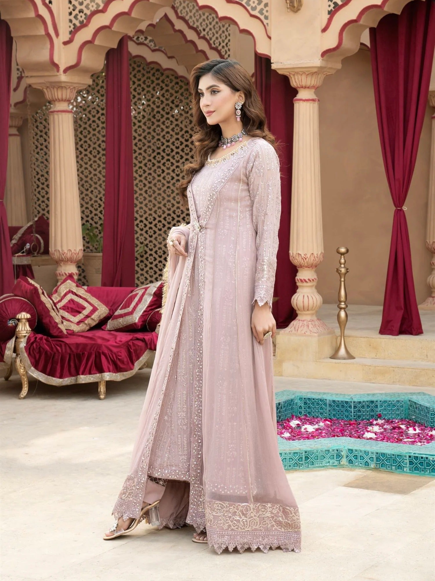 Lilac Manahil Arts Chiffon Embroidered Stitched 3-Piece Suit-Kurti-B-005-Lilac