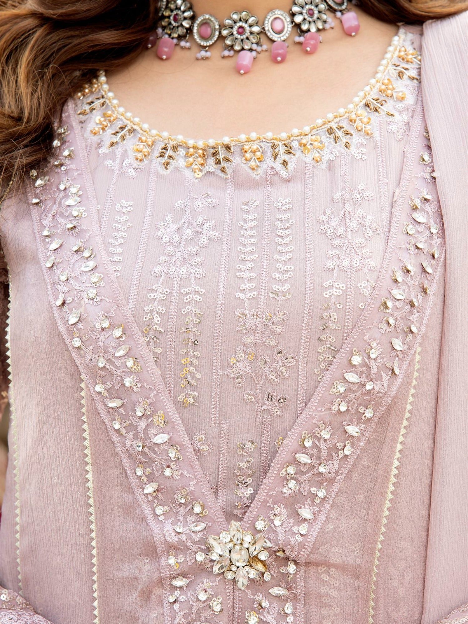 Lilac Manahil Arts Chiffon Embroidered Stitched 3-Piece Suit-Kurti-B-005-Lilac