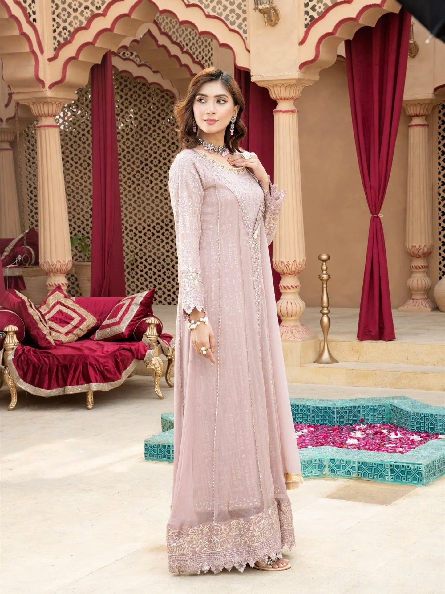 Lilac Manahil Arts Chiffon Embroidered Stitched 3-Piece Suit-Kurti-B-005-Lilac