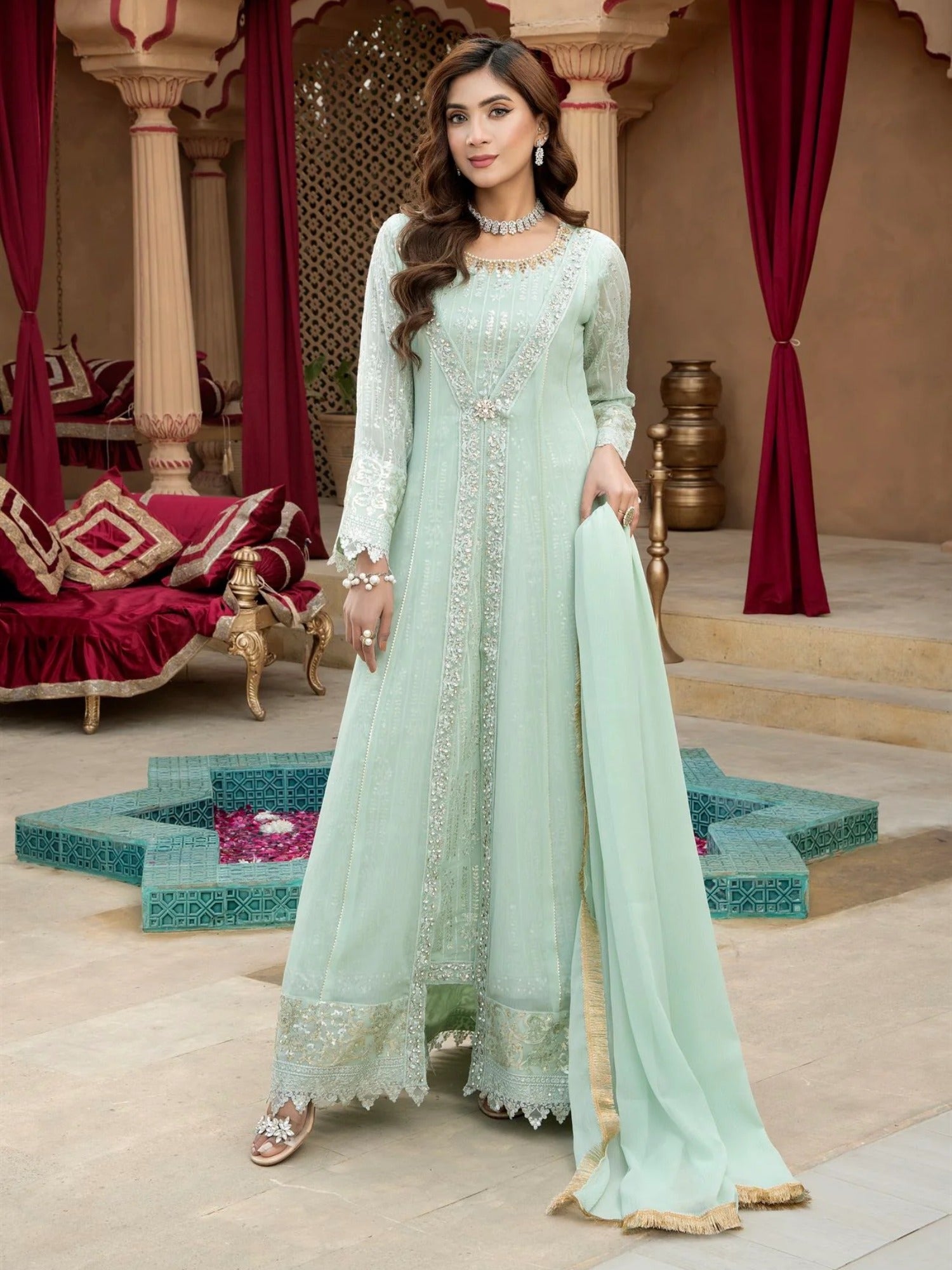 Manahil Arts Chiffon Embroidered Stitched 3-Piece Suit-Kurti-B-005-Aqua